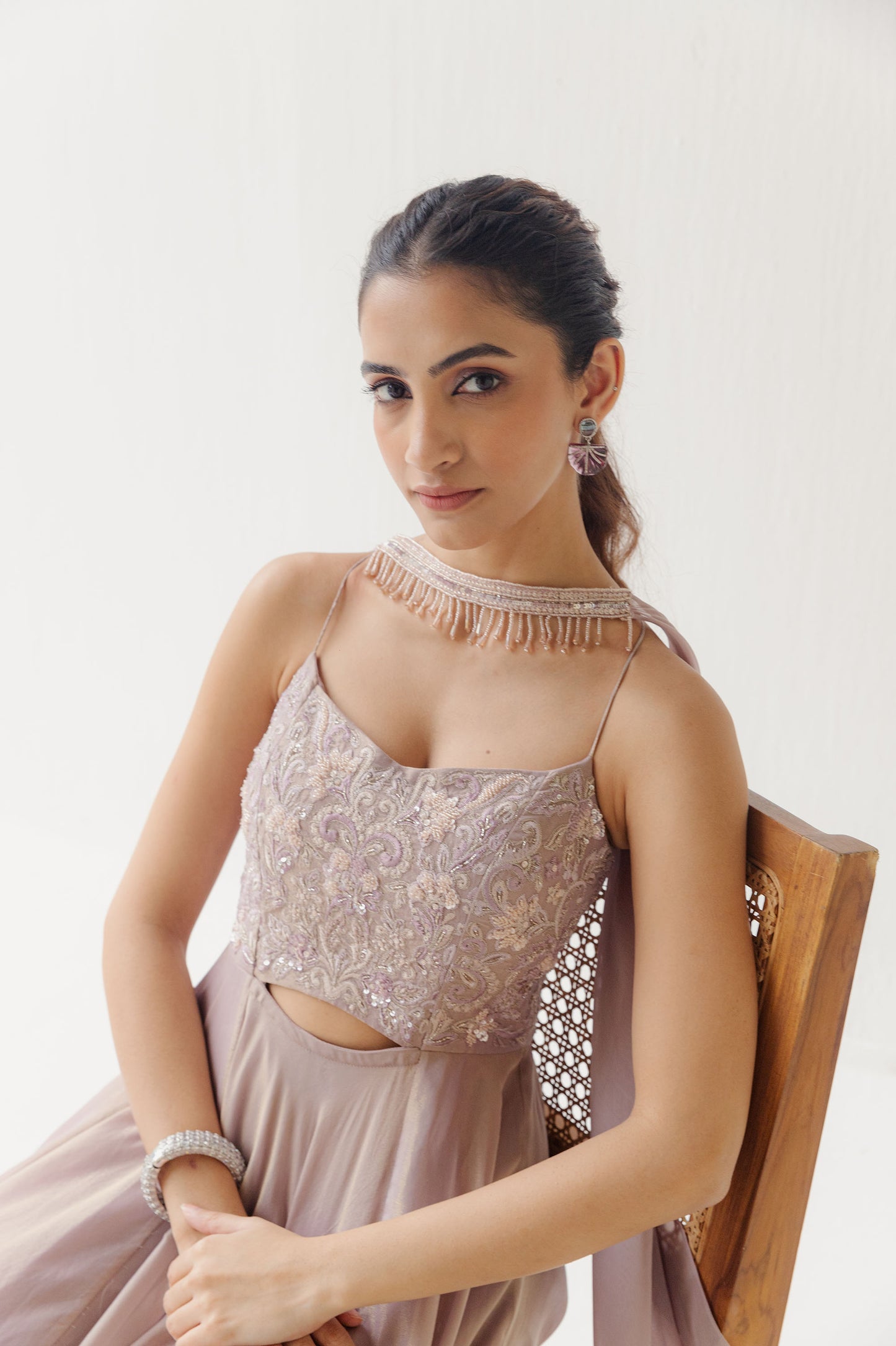 Rasha Dusty Pink Tissue Kurta Set with Floral Embroidery, Flared Pants, and Choker-Style Dupatta.