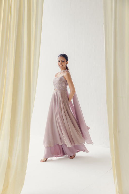 Rasha Dusty Pink Tissue Kurta Set with Floral Embroidery, Flared Pants, and Choker-Style Dupatta.