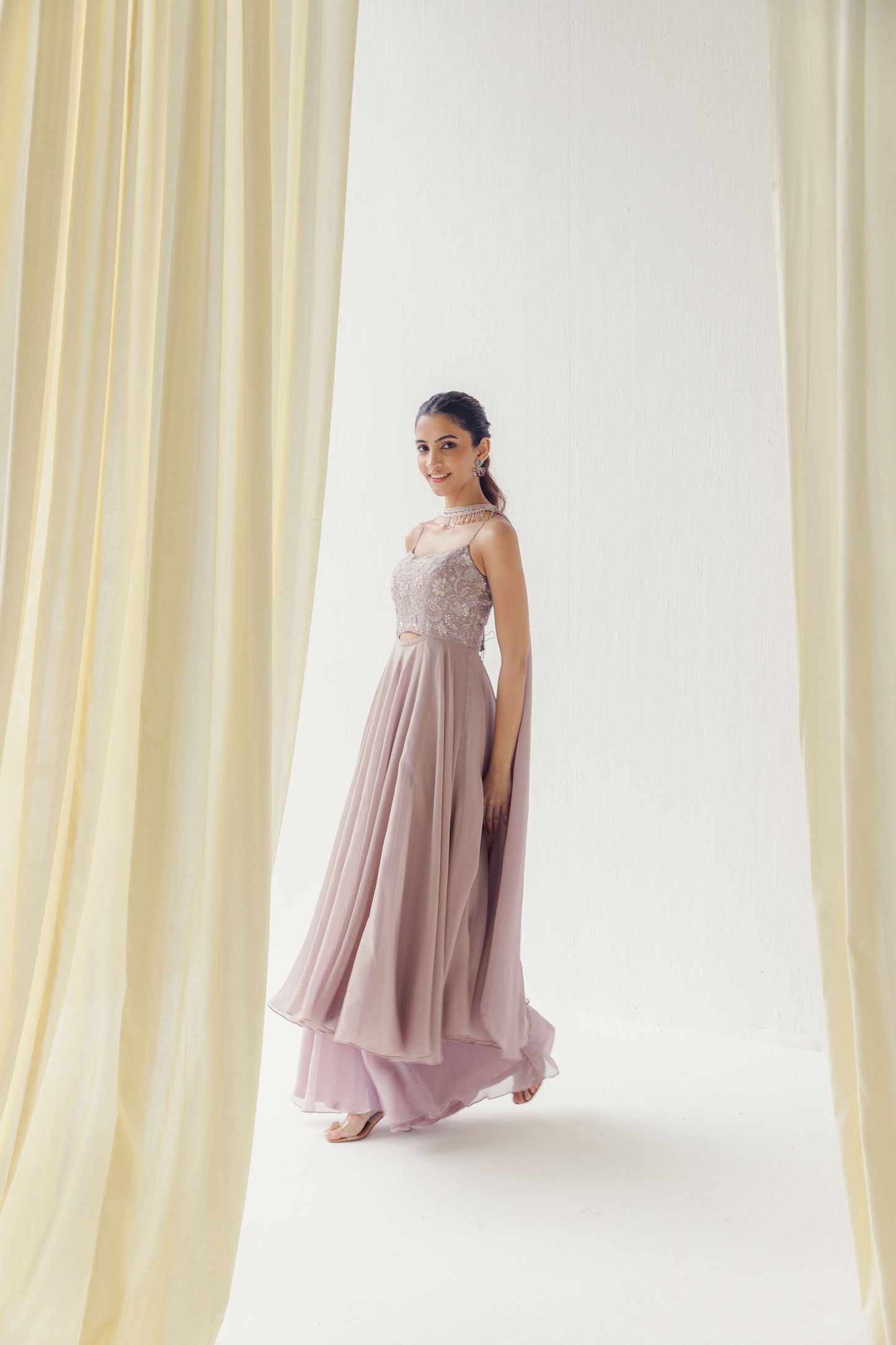 Rasha Dusty Pink Tissue Kurta Set with Floral Embroidery, Flared Pants, and Choker-Style Dupatta.