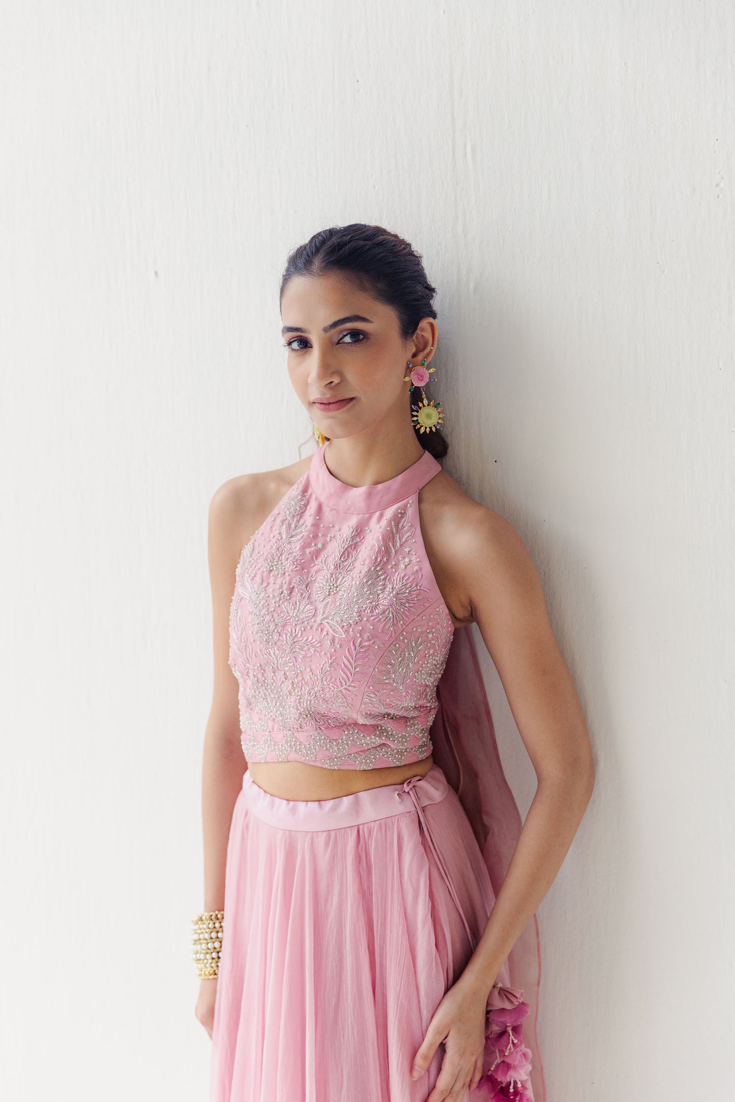 Amara Pink Silk and Shimmer Chiffon Lehenga Set with Aquatic Floral Embroidery