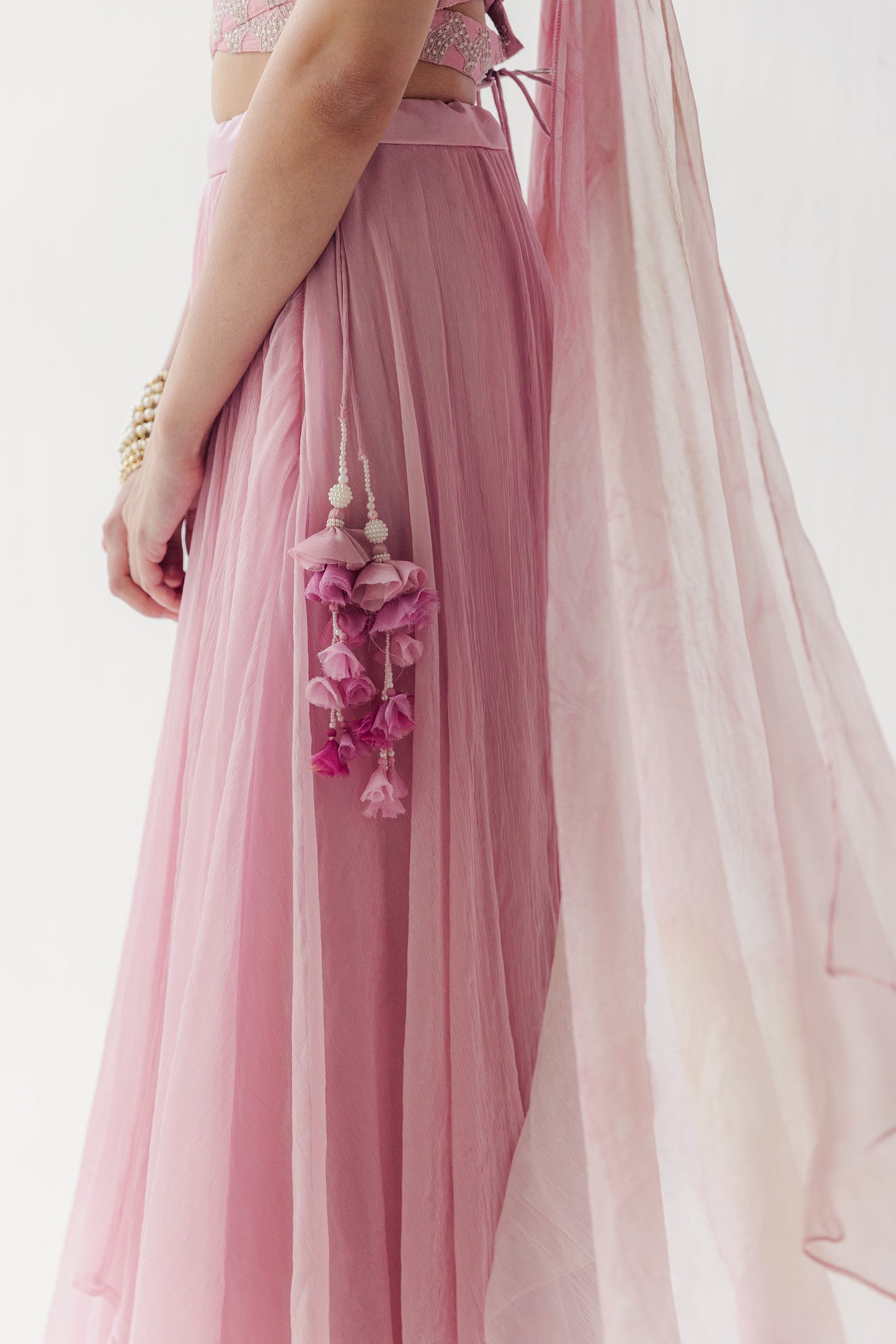 Amara Pink Silk and Shimmer Chiffon Lehenga Set with Aquatic Floral Embroidery