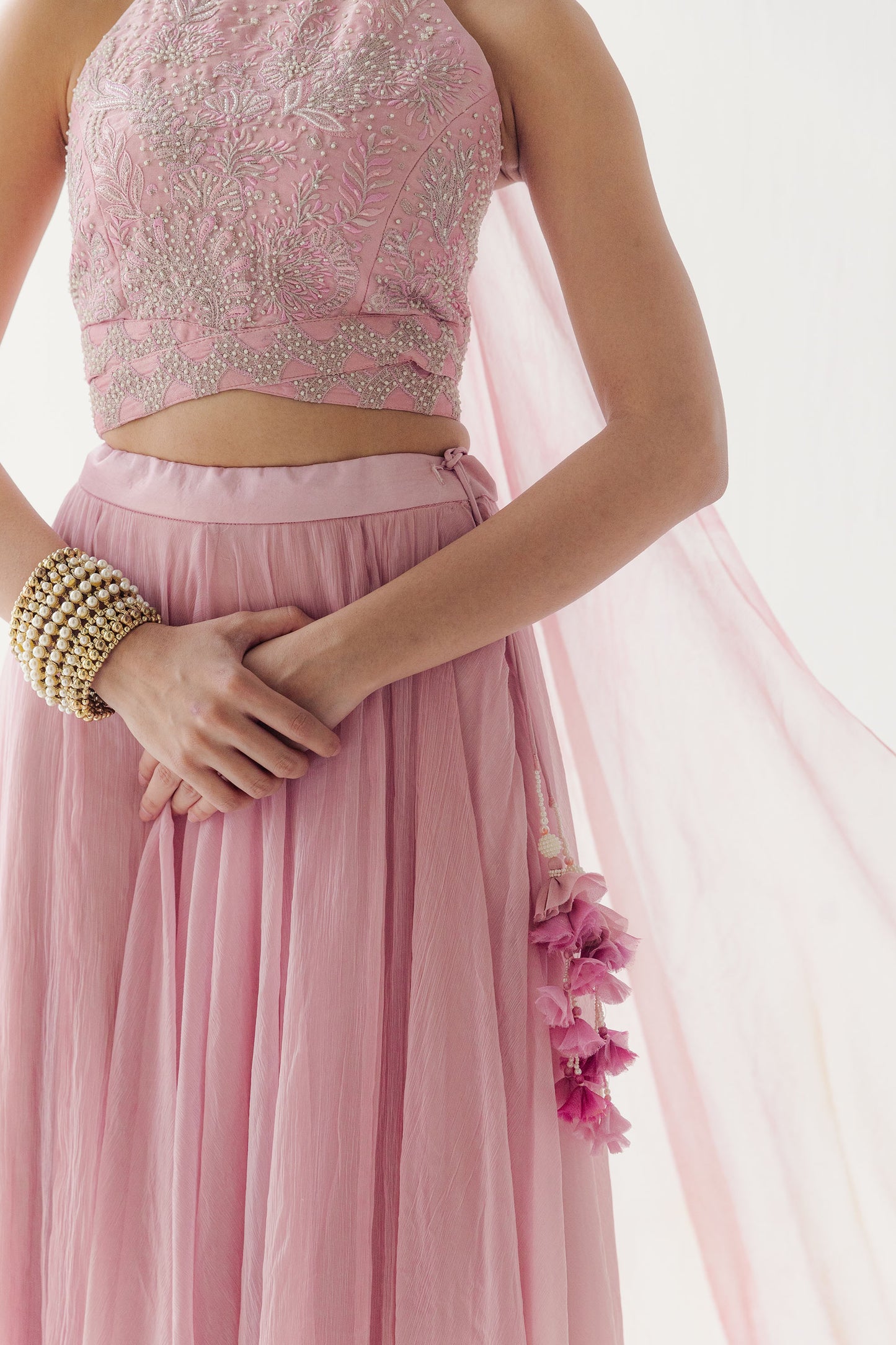 Amara Pink Silk and Shimmer Chiffon Lehenga Set with Aquatic Floral Embroidery