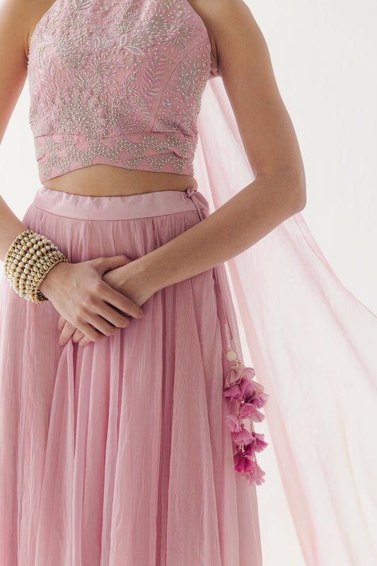 Amara Pink Silk and Shimmer Chiffon Lehenga Set with Aquatic Floral Embroidery