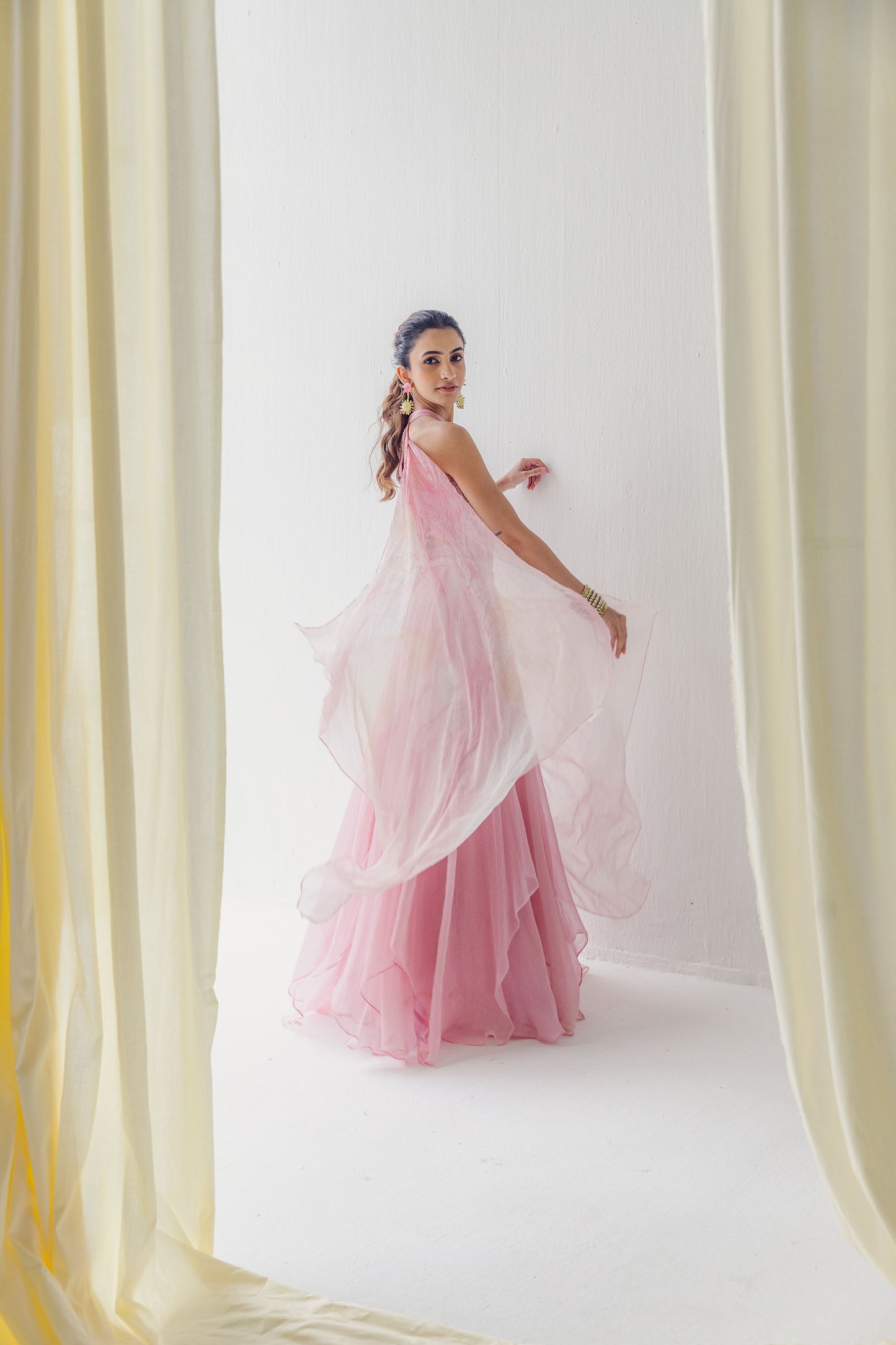 Amara Pink Silk and Shimmer Chiffon Lehenga Set with Aquatic Floral Embroidery