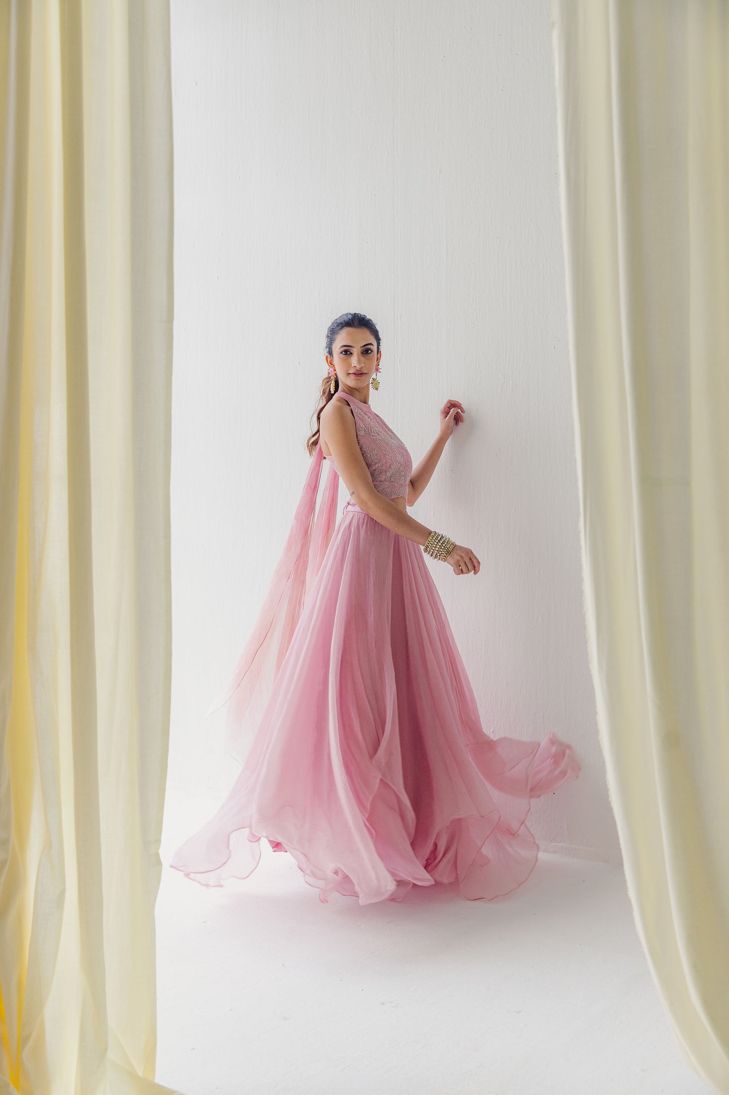 Amara Pink Silk and Shimmer Chiffon Lehenga Set with Aquatic Floral Embroidery