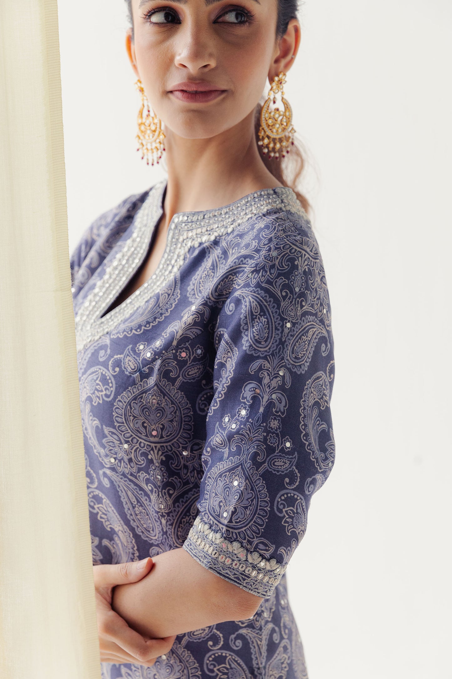 Ranya Stunning Dusty Blue Kurta with Silver Gota and Lace Detailing.