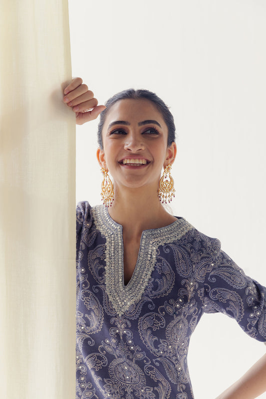 Ranya Stunning Dusty Blue Kurta with Silver Gota and Lace Detailing.