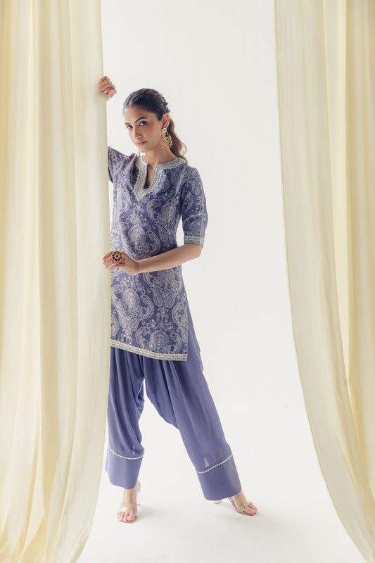 Ranya Stunning Dusty Blue Kurta with Silver Gota and Lace Detailing.