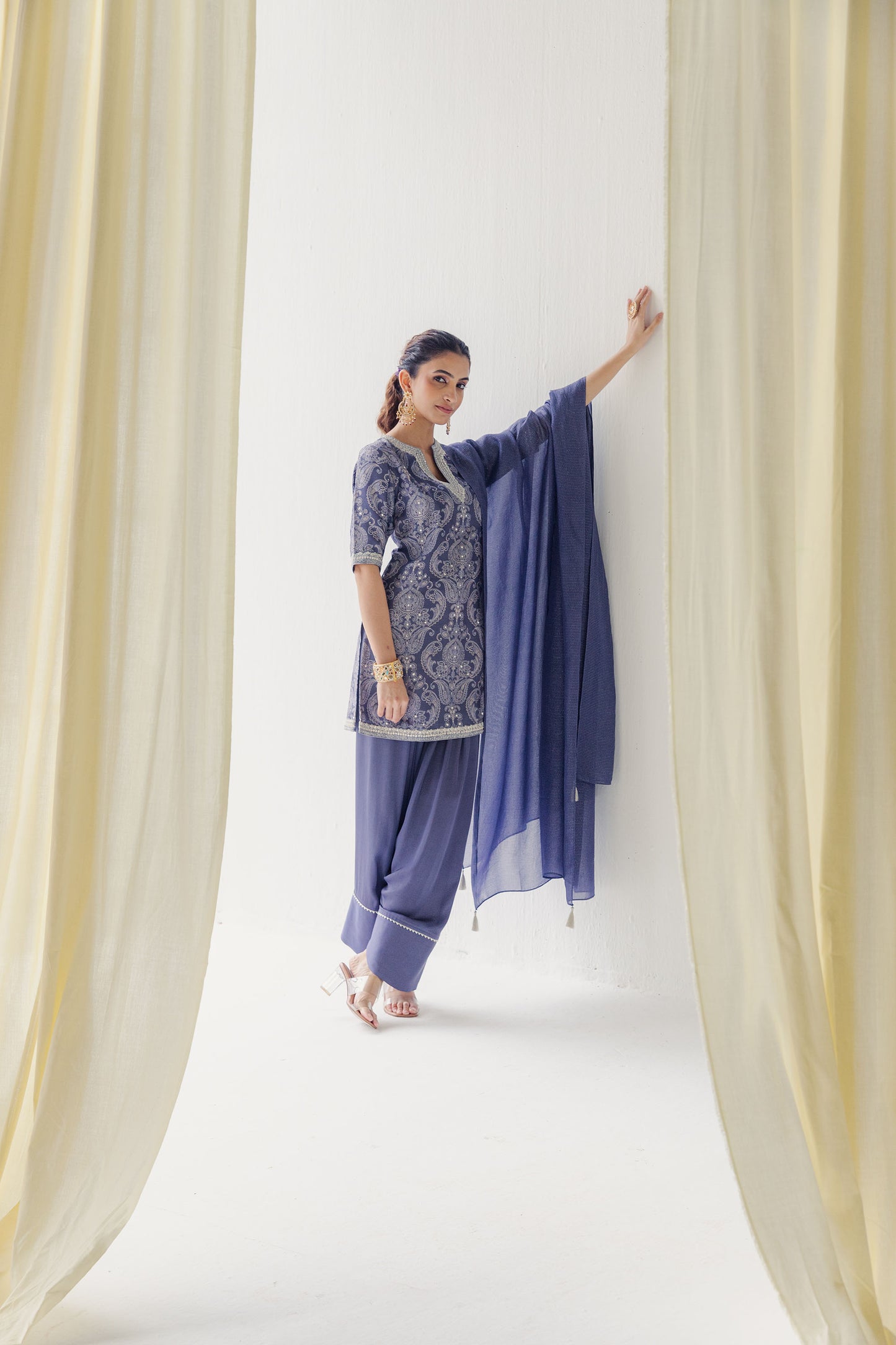 Ranya Stunning Dusty Blue Kurta with Silver Gota and Lace Detailing.
