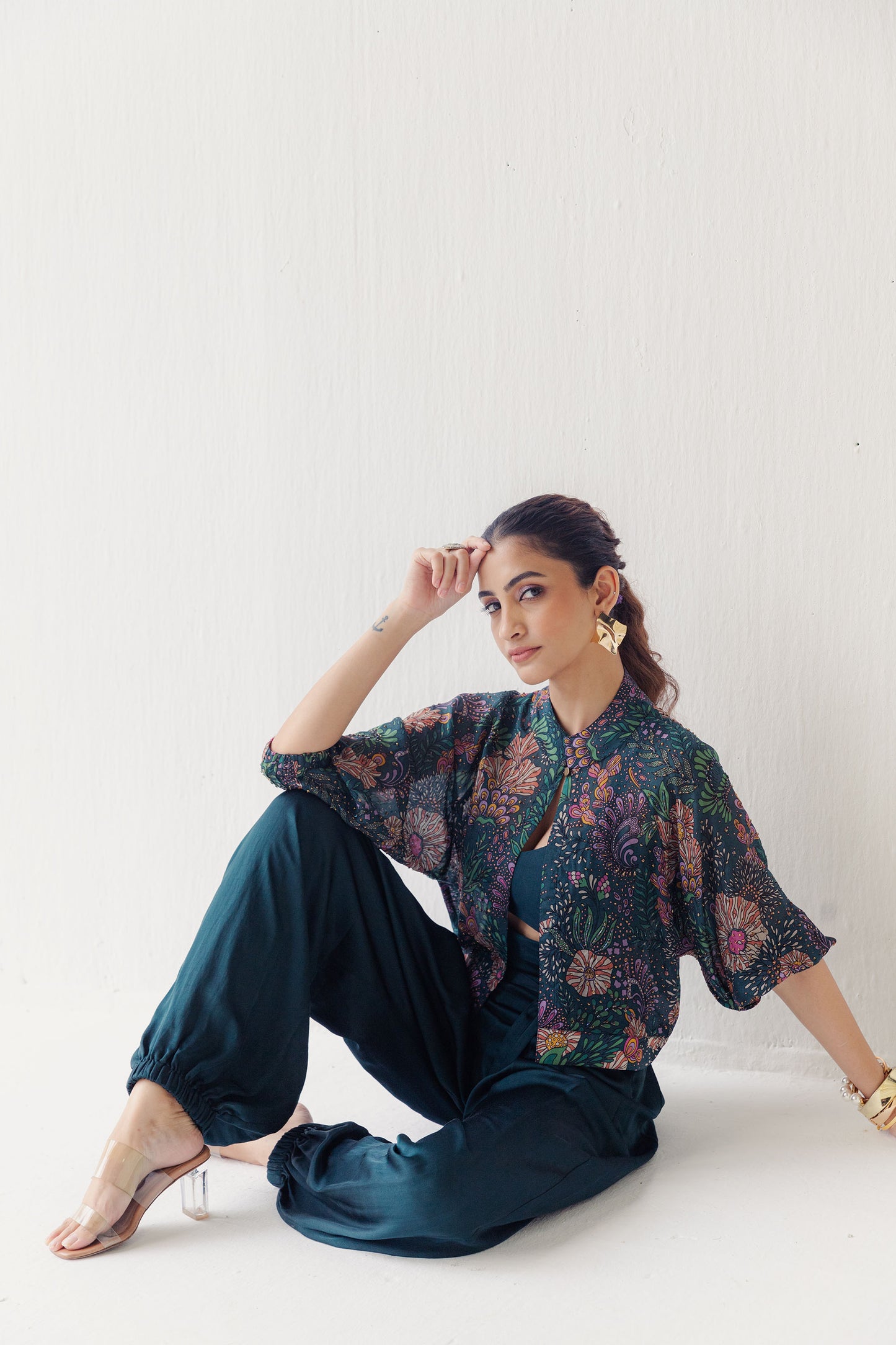 Saina Printed and Hand Embellished Emerald Green Bomber Jacket and Top with Capri Pants