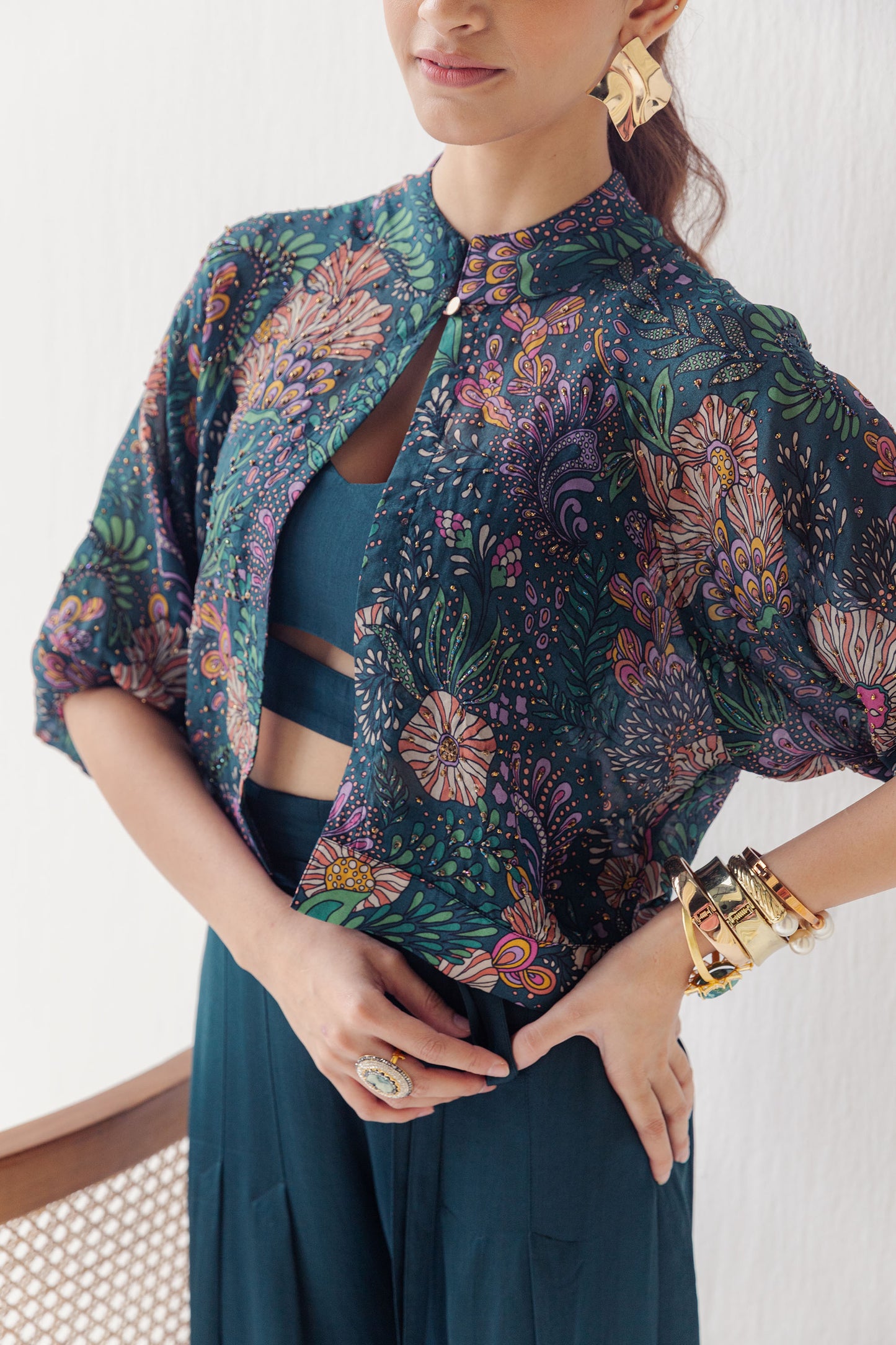 Saina Printed and Hand Embellished Emerald Green Bomber Jacket and Top with Capri Pants