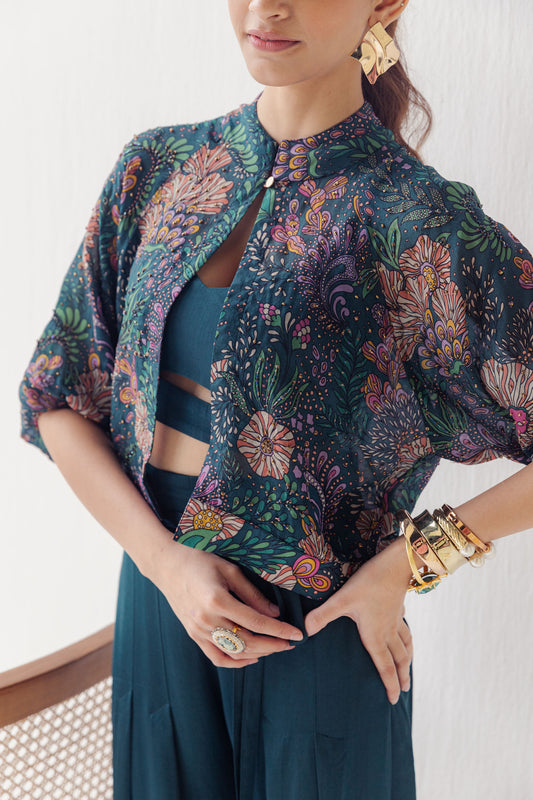 Saina Printed and Hand Embellished Emerald Green Bomber Jacket and Top with Capri Pants