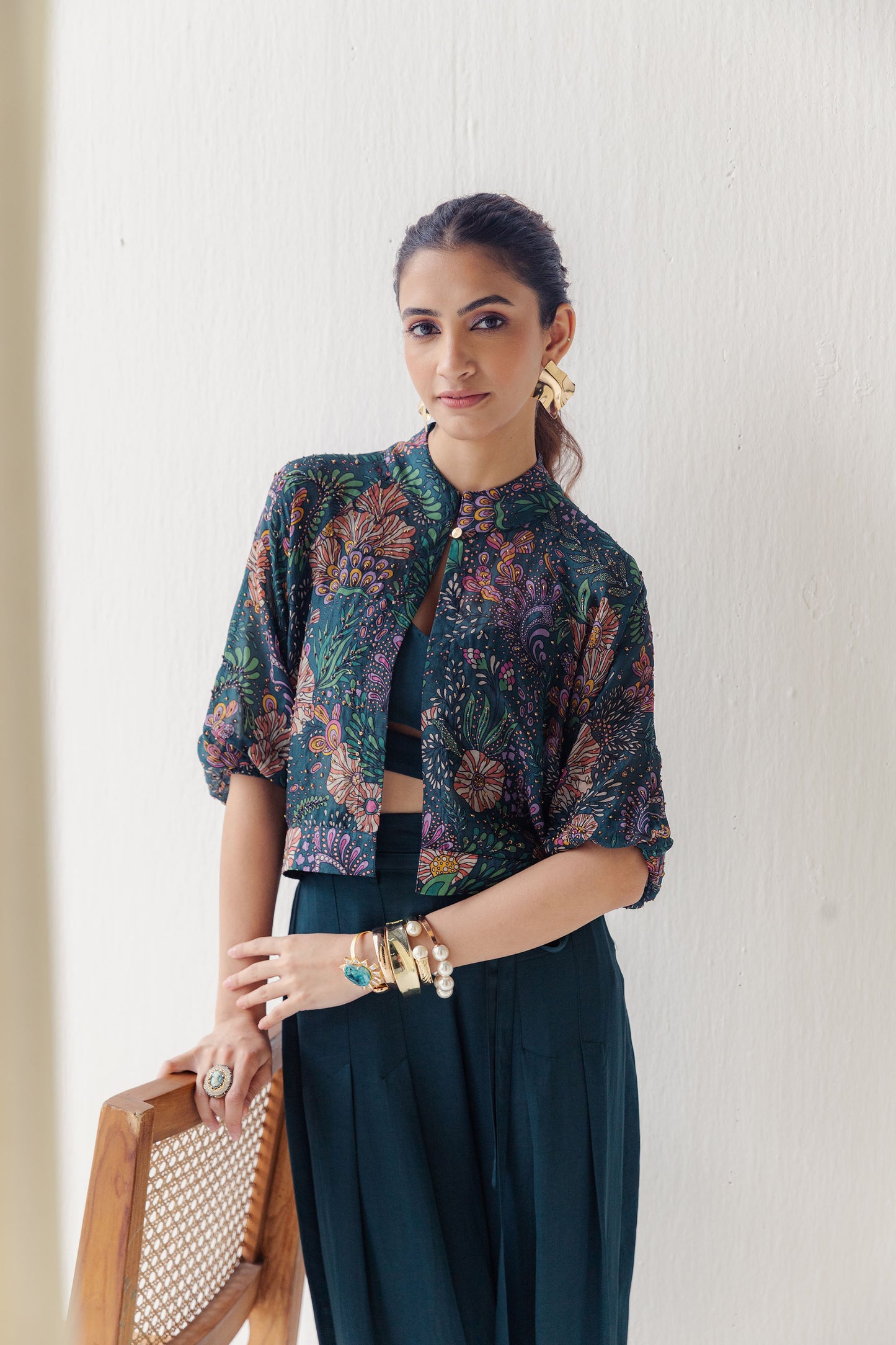 Saina Printed and Hand Embellished Emerald Green Bomber Jacket and Top with Capri Pants