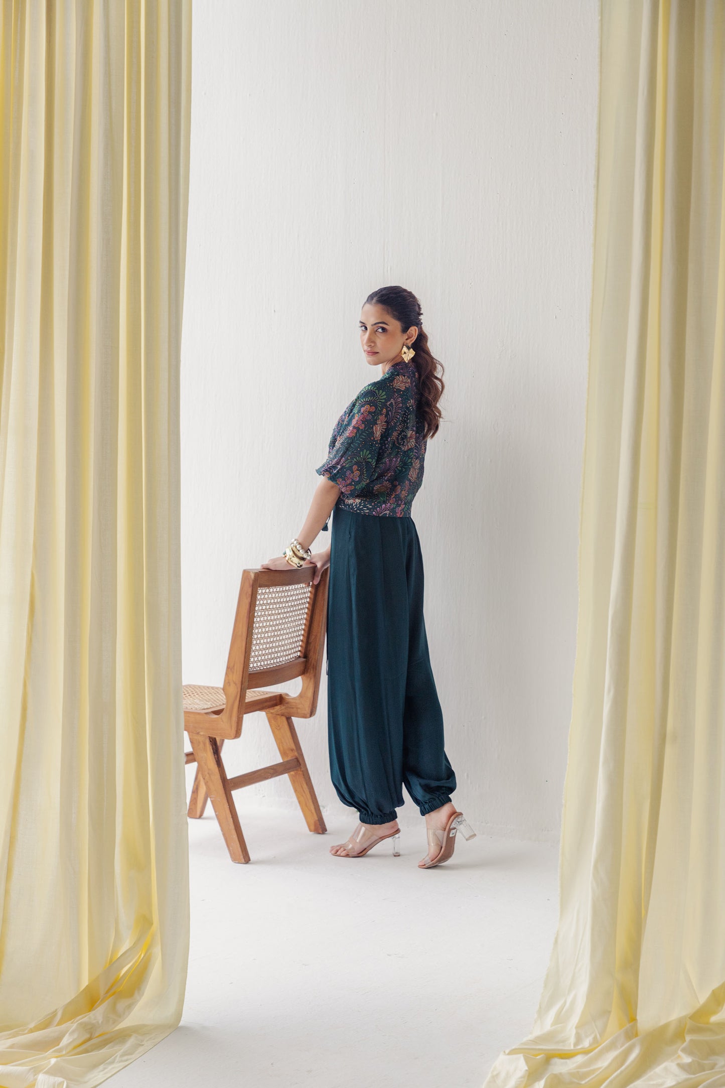 Saina Printed and Hand Embellished Emerald Green Bomber Jacket and Top with Capri Pants