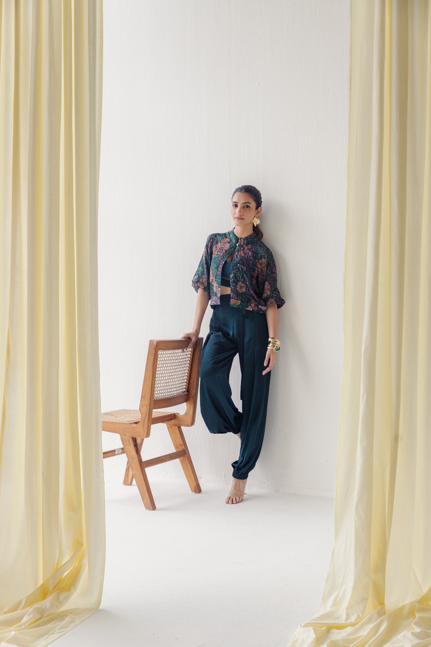 Saina Printed and Hand Embellished Emerald Green Bomber Jacket and Top with Capri Pants