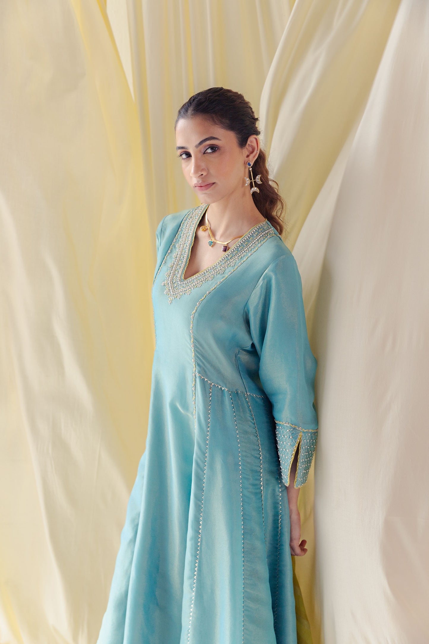Rivaah Turquoise Blue Bamber Tissue Kurta Set with Dori Embroidery and Moti Work and a Contrasting Lemon Jacquard Dupatta