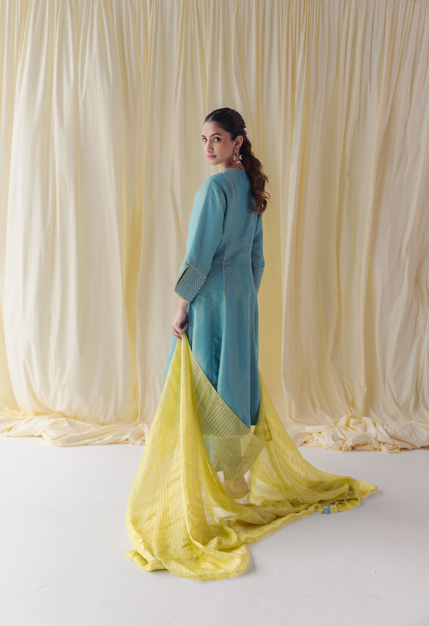 Rivaah Turquoise Blue Bamber Tissue Kurta Set with Dori Embroidery and Moti Work and a Contrasting Lemon Jacquard Dupatta