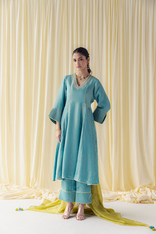 Rivaah Turquoise Blue Bamber Tissue Kurta Set with Dori Embroidery and Moti Work and a Contrasting Lemon Jacquard Dupatta
