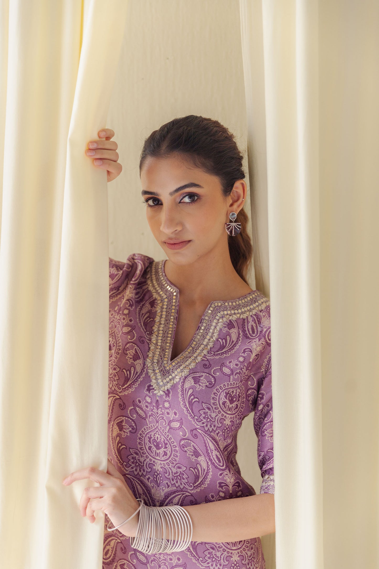 Zaina Stunning Dusty Purple Kurta with Silver Gota and Flared Palazzo Pants