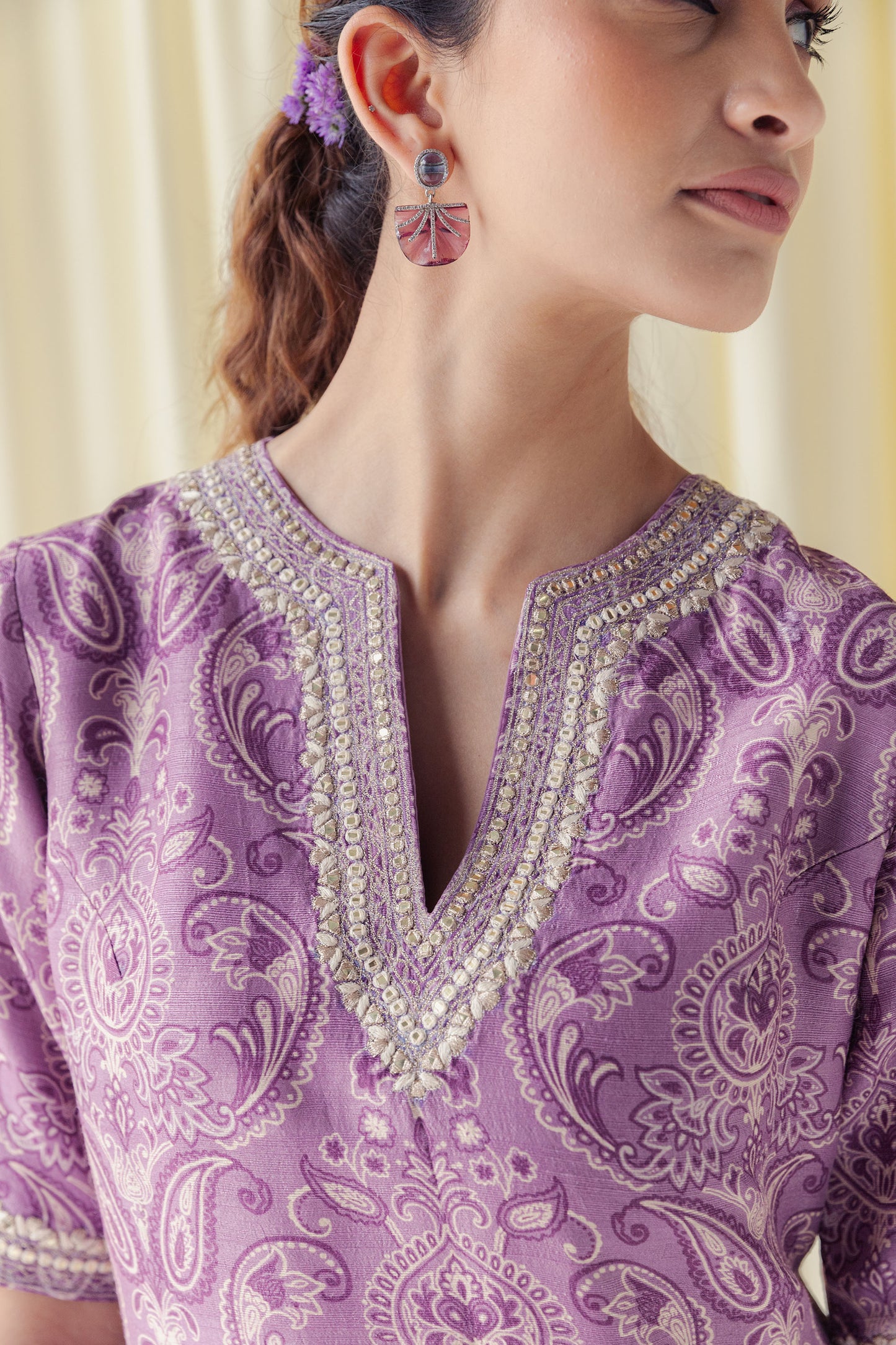 Zaina Stunning Dusty Purple Kurta with Silver Gota and Flared Palazzo Pants