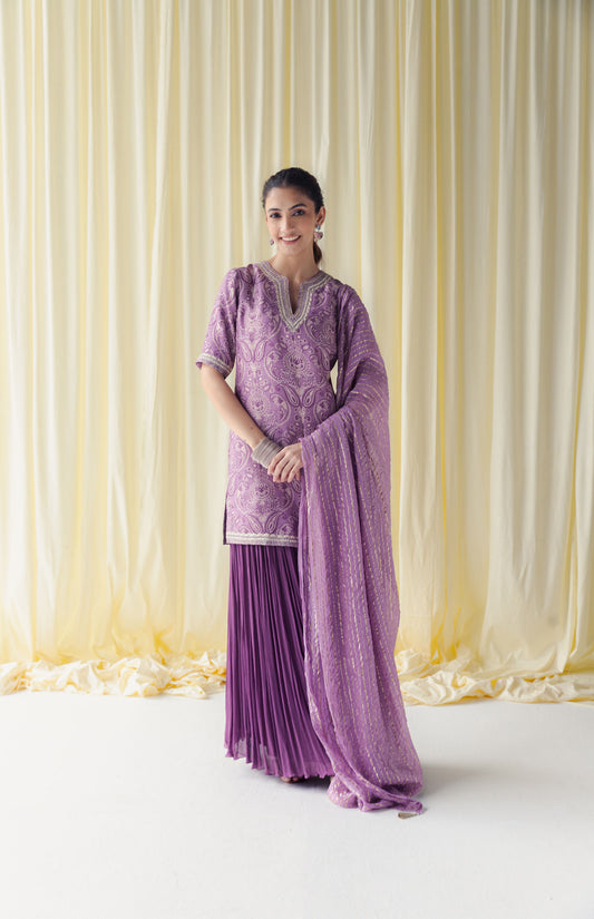 Zaina Stunning Dusty Purple Kurta with Silver Gota and Flared Palazzo Pants