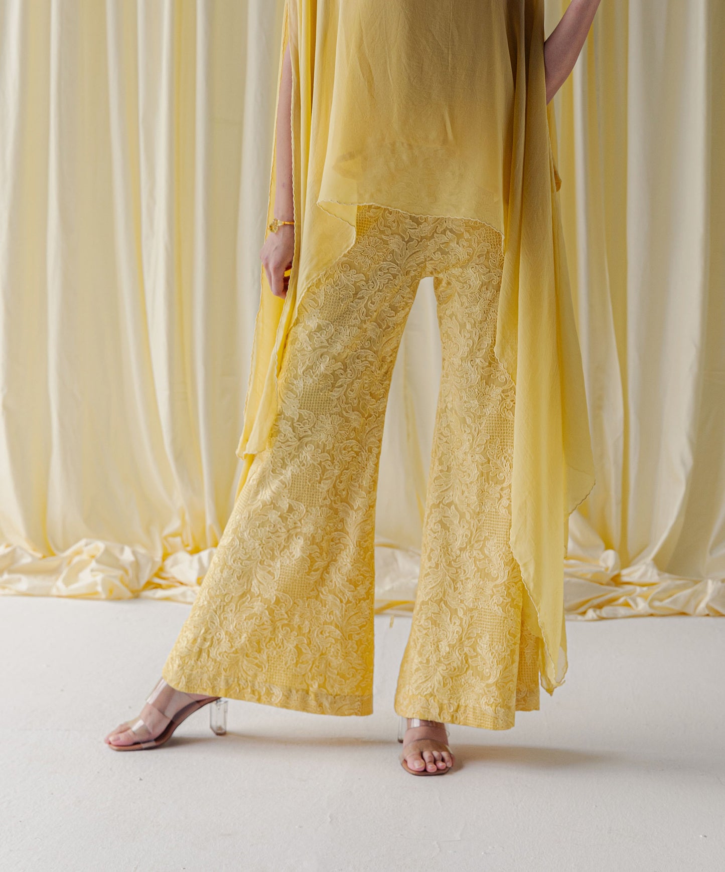 Zerina Canary Yellow Organza Kaftan Set with Schiffli Embroidered Palazzo Pants