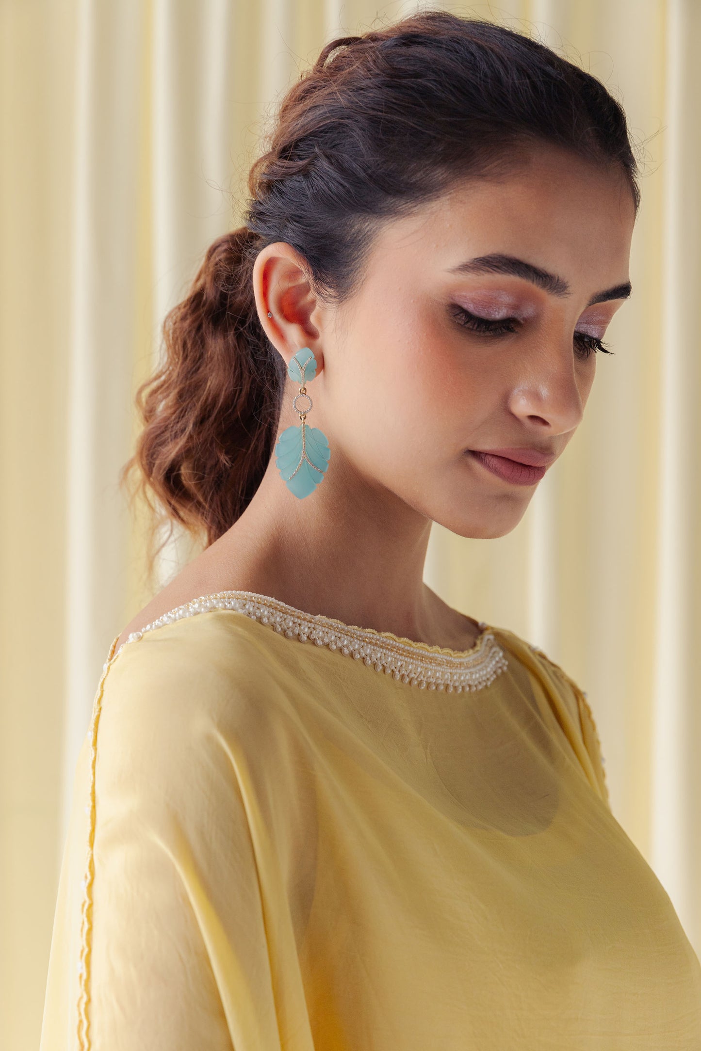 Zerina Canary Yellow Organza Kaftan Set with Schiffli Embroidered Palazzo Pants