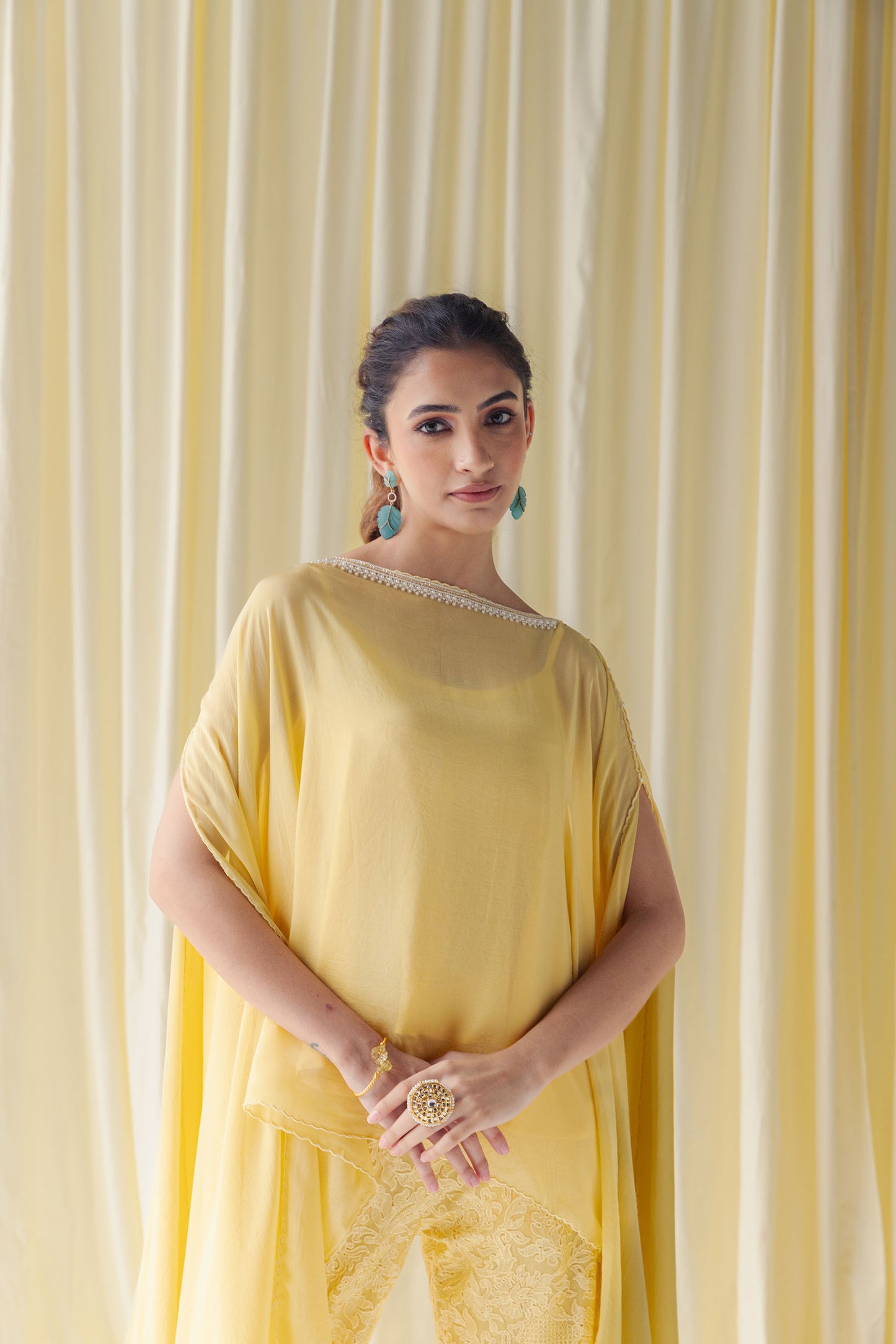 Zerina Canary Yellow Organza Kaftan Set with Schiffli Embroidered Palazzo Pants