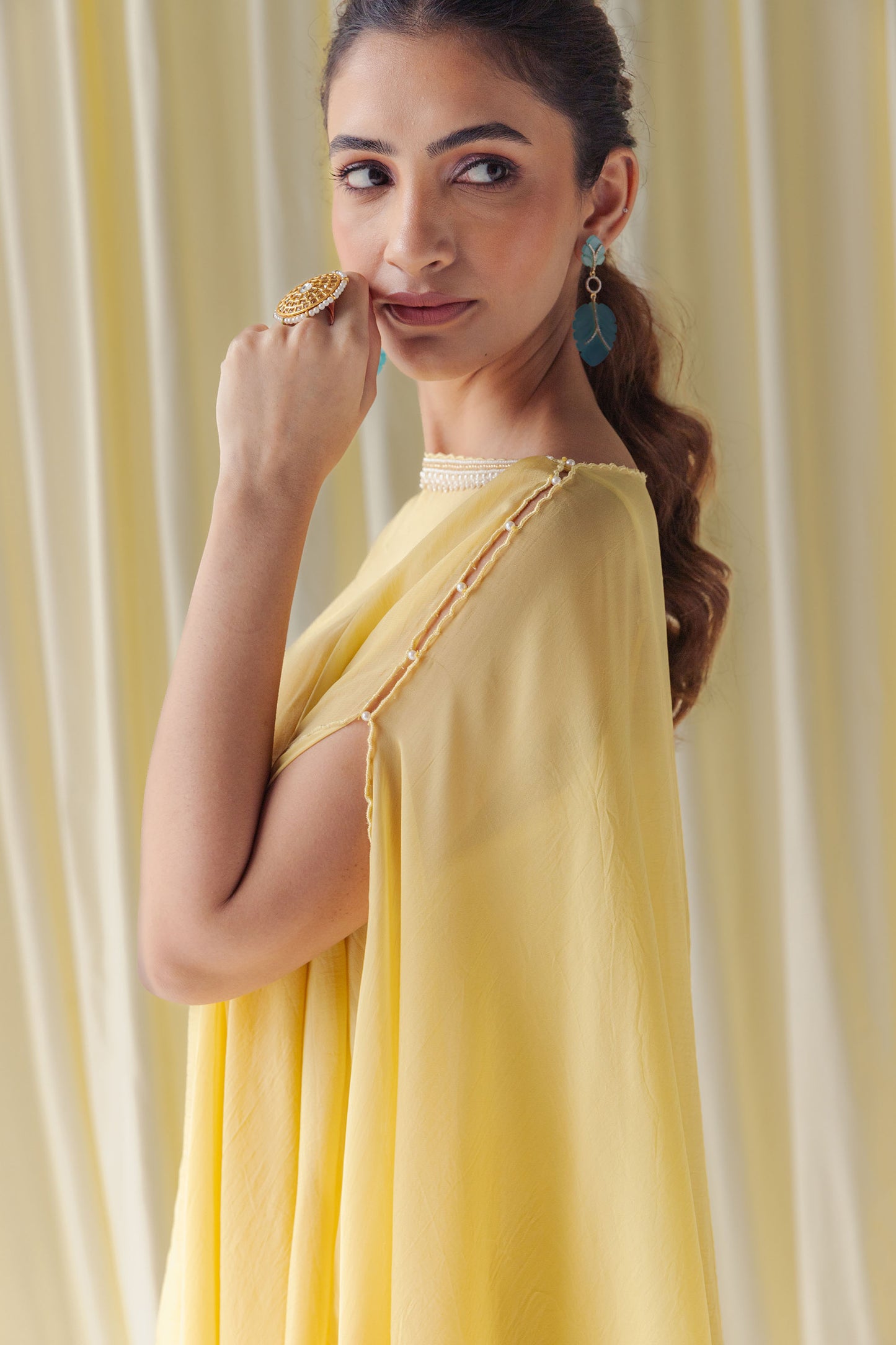 Zerina Canary Yellow Organza Kaftan Set with Schiffli Embroidered Palazzo Pants