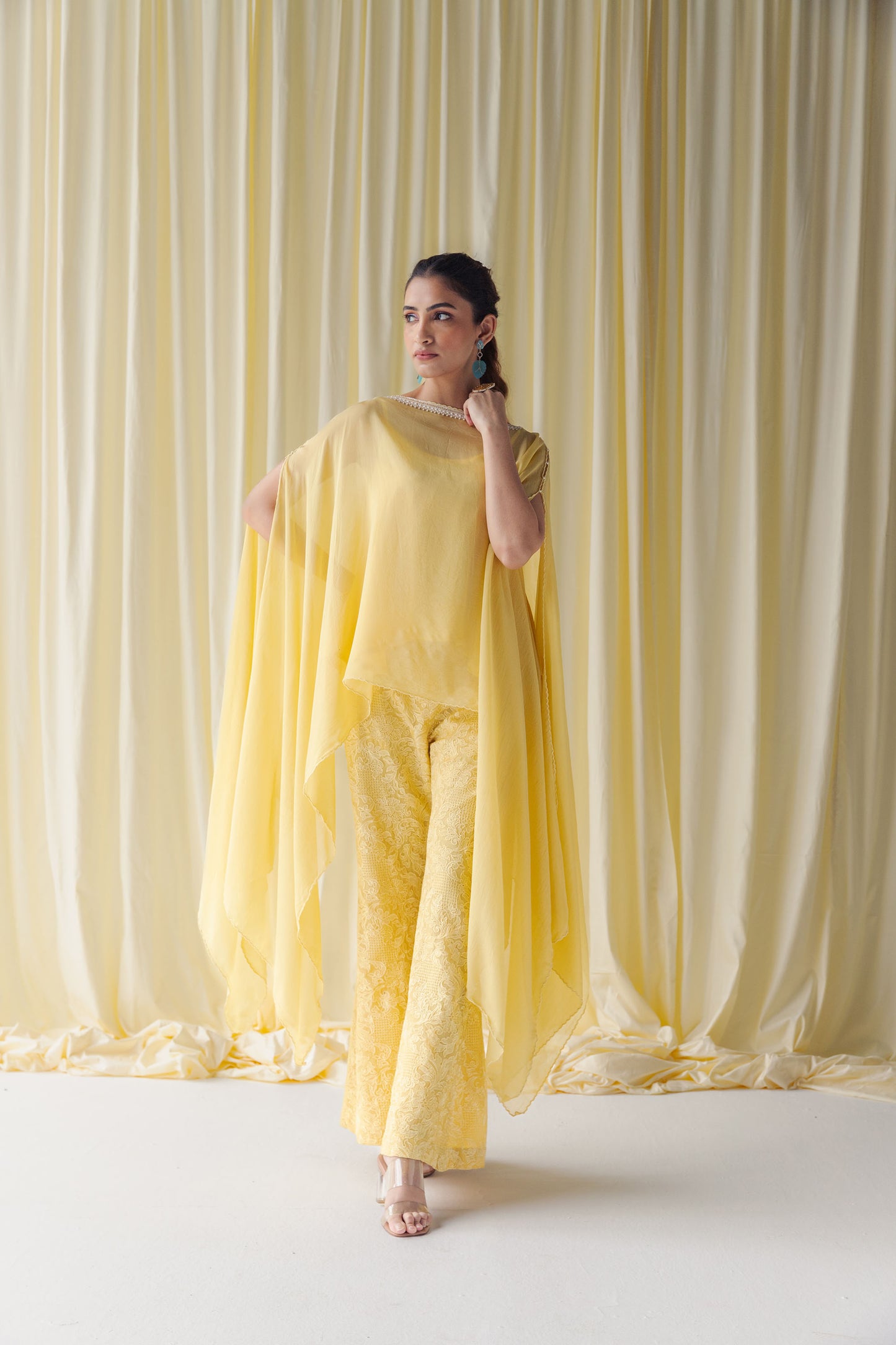 Zerina Canary Yellow Organza Kaftan Set with Schiffli Embroidered Palazzo Pants