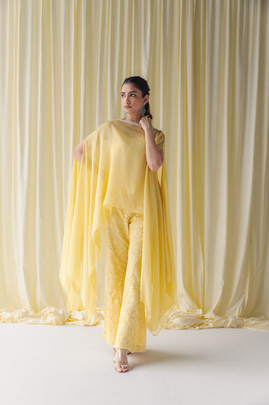 Zerina Canary Yellow Organza Kaftan Set with Schiffli Embroidered Palazzo Pants