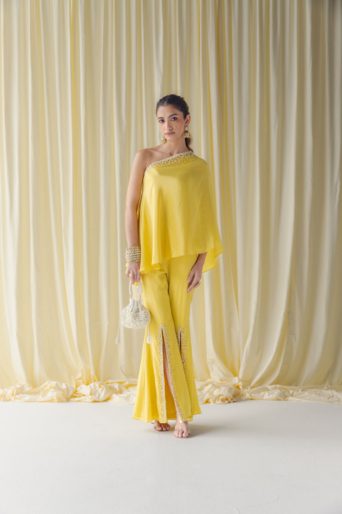 Zurain Pearl Work Adorned Off Shoulder Tunic with Flared Sharara