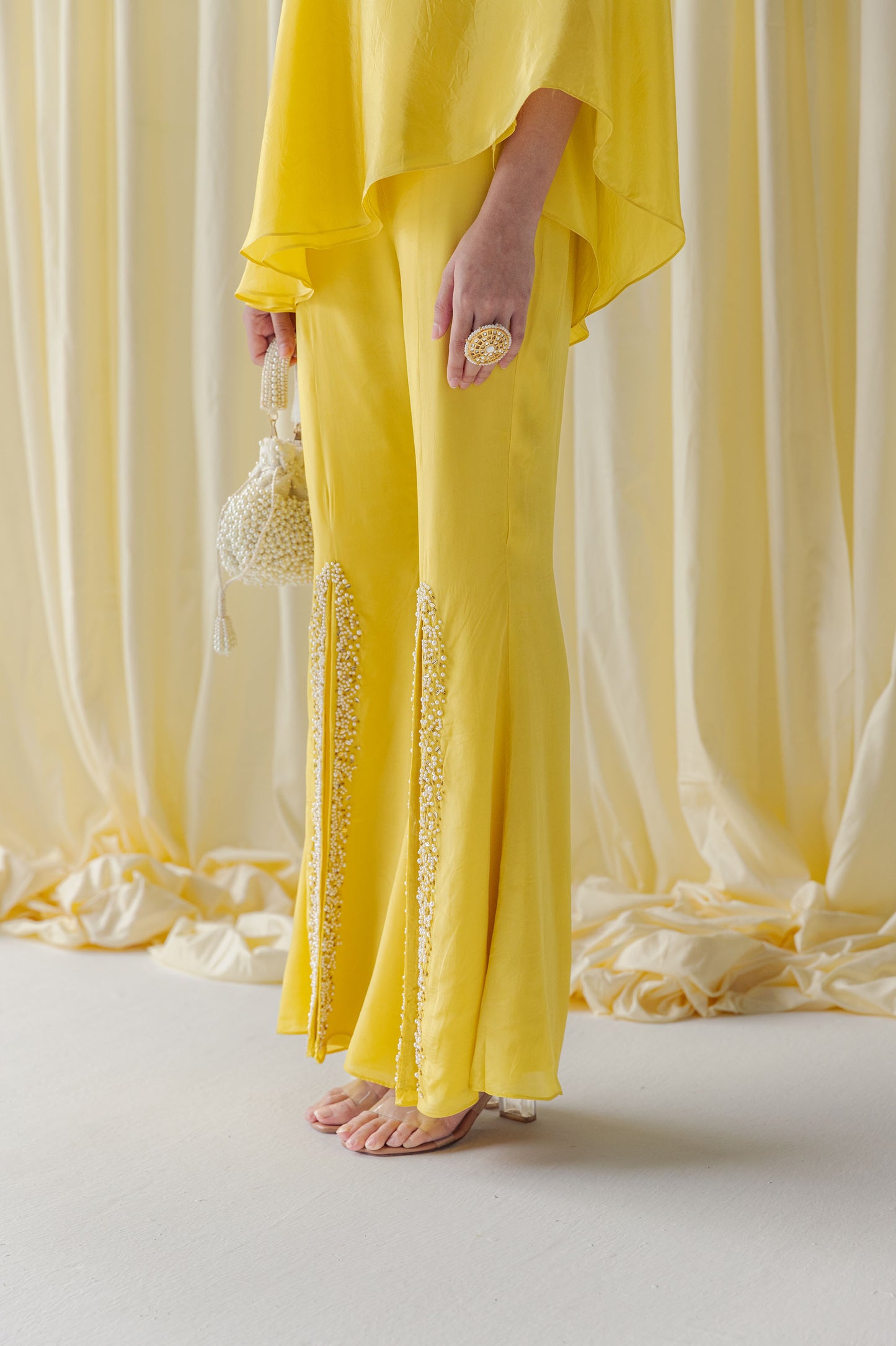 Zurain Pearl Work Adorned Off Shoulder Tunic with Flared Sharara