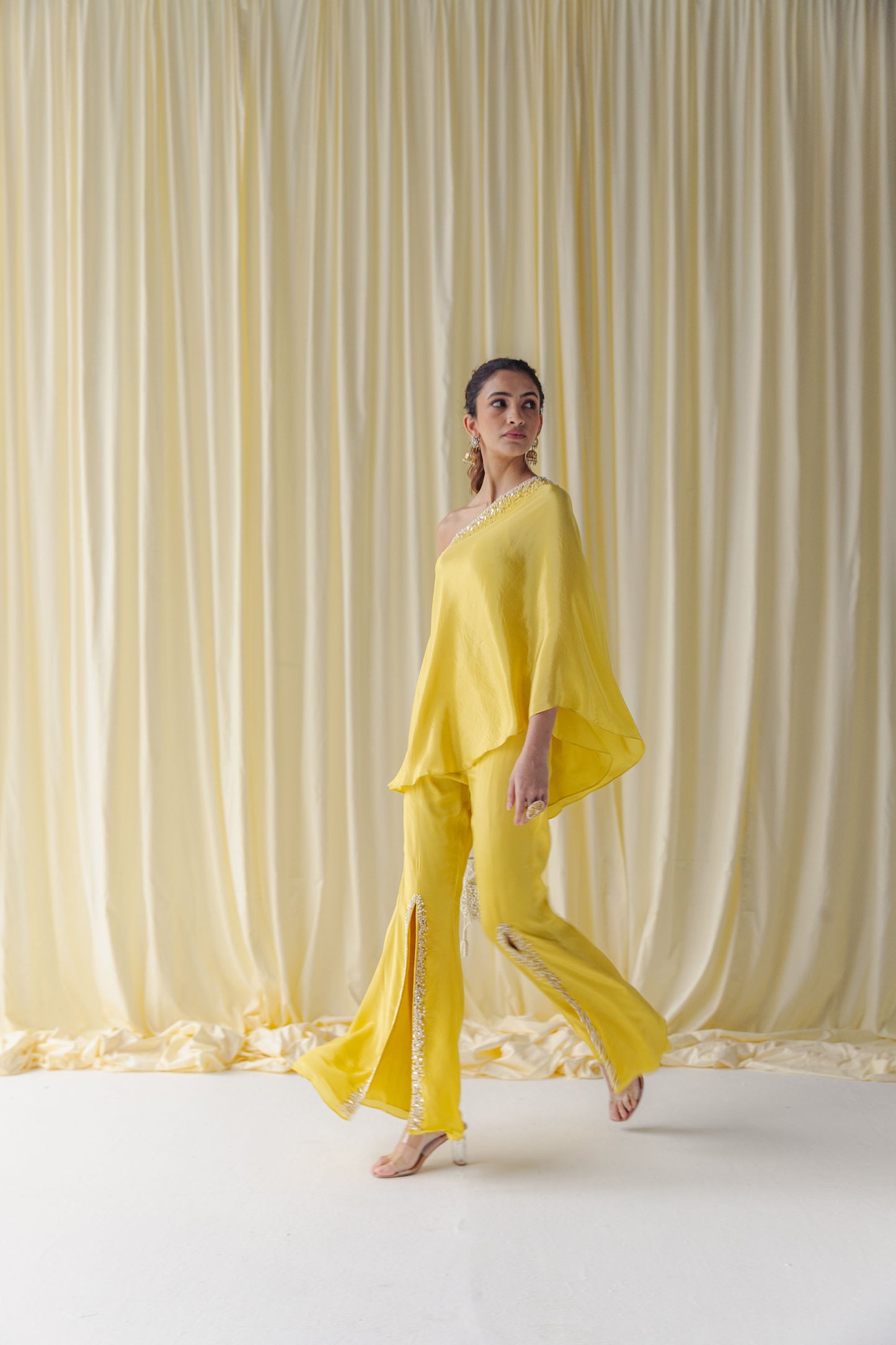 Zurain Pearl Work Adorned Off Shoulder Tunic with Flared Sharara