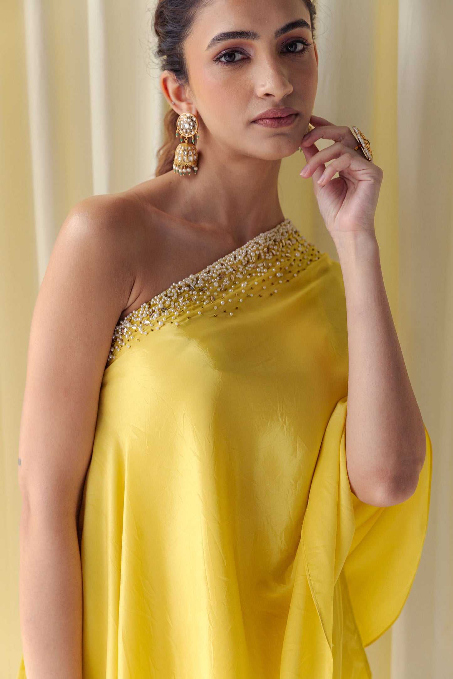 Zurain Pearl Work Adorned Off Shoulder Tunic with Flared Sharara