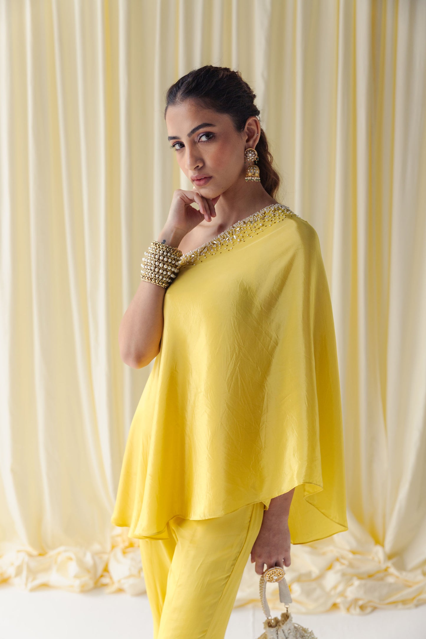 Zurain Pearl Work Adorned Off Shoulder Tunic with Flared Sharara