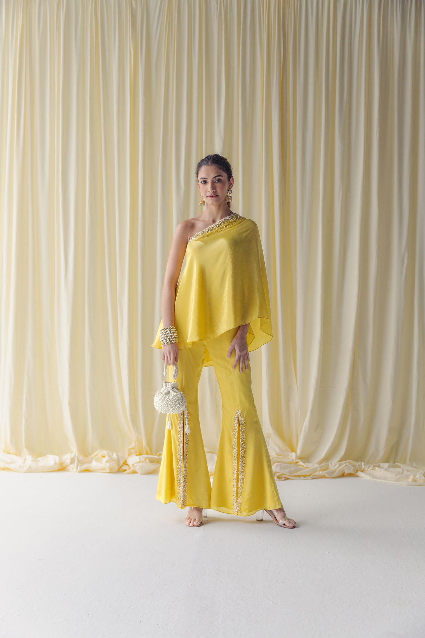 Zurain Pearl Work Adorned Off Shoulder Tunic with Flared Sharara