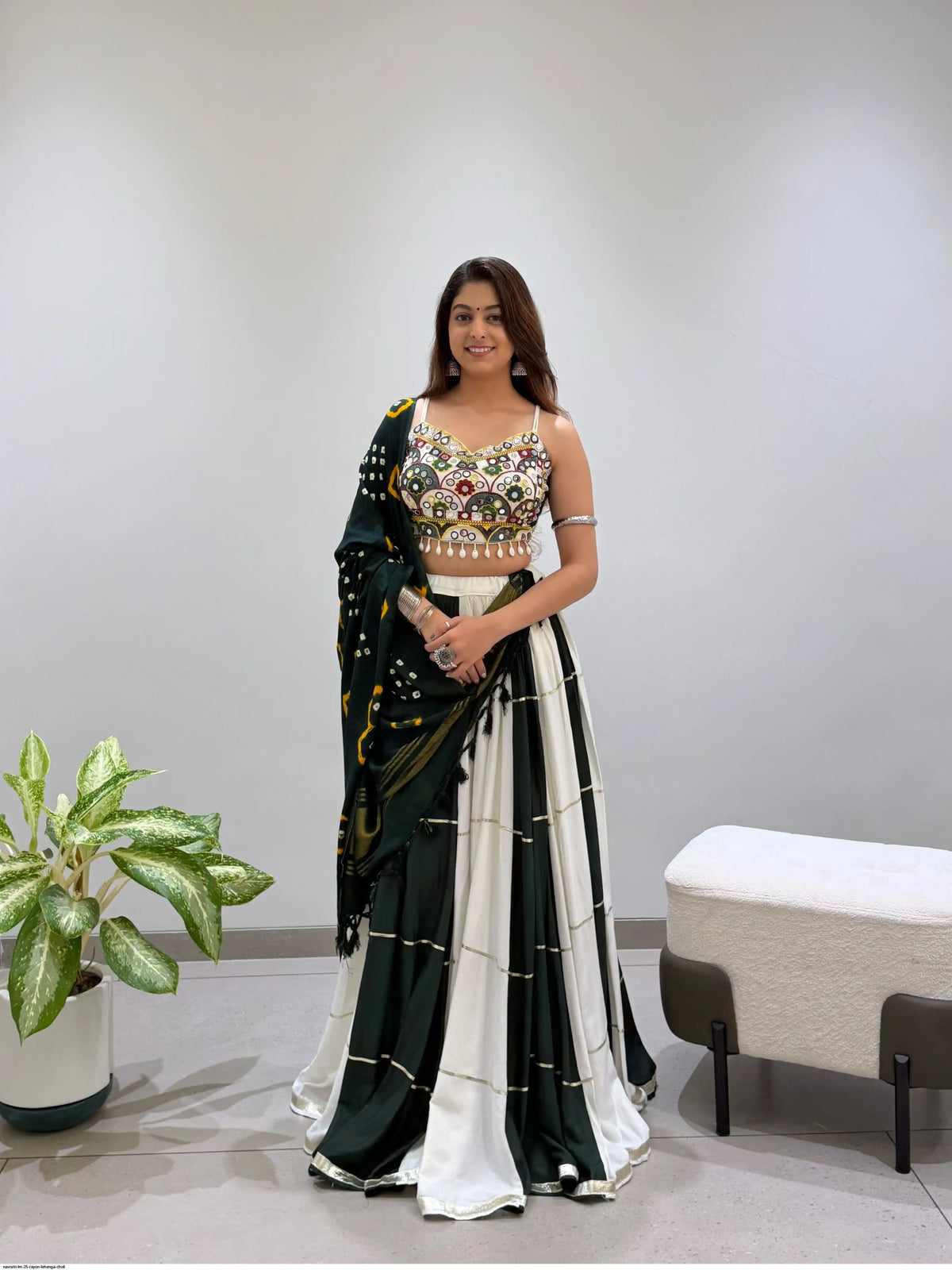 Green Rayon Mirror Embroidered Navratri Chaniya Choli