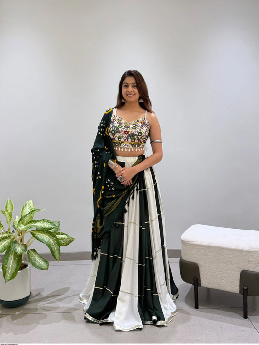 Green Rayon Mirror Embroidered Navratri Chaniya Choli