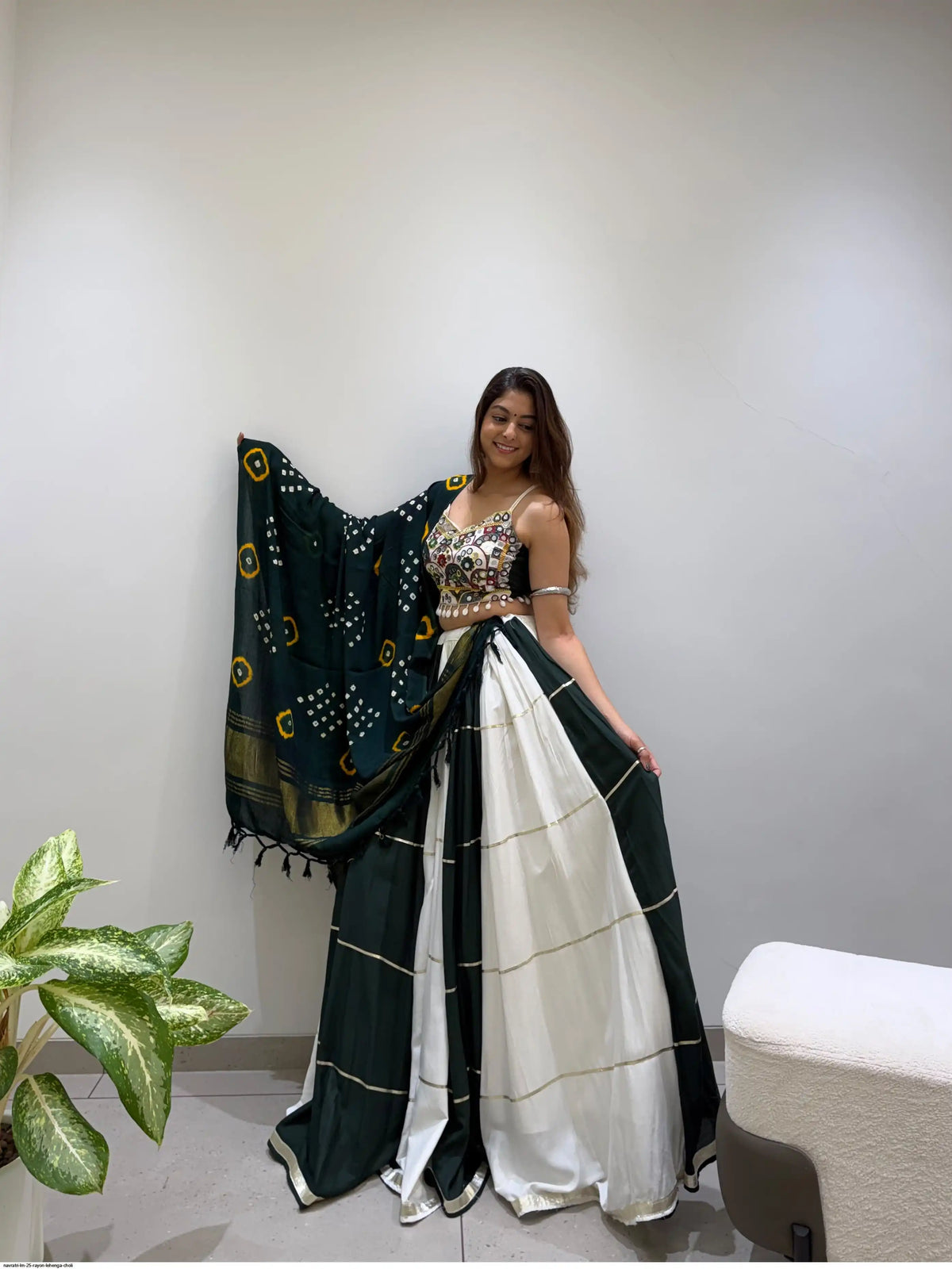 Green Rayon Mirror Embroidered Navratri Chaniya Choli
