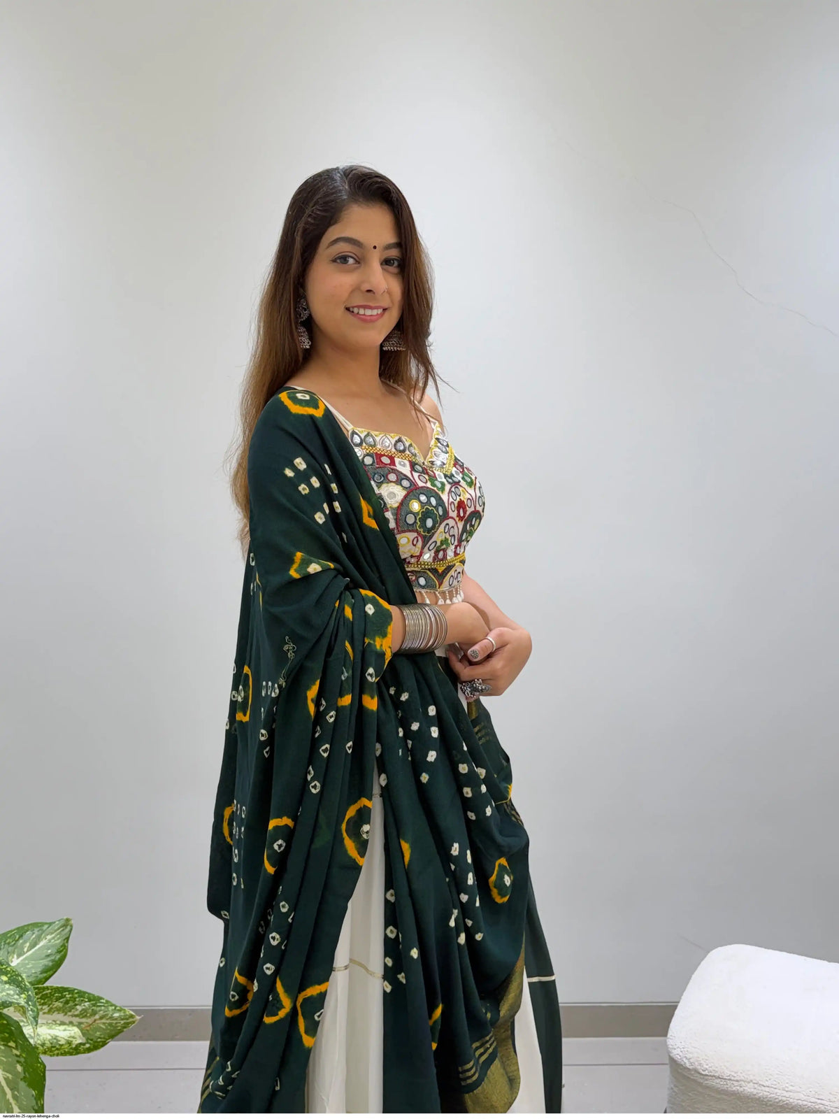 Green Rayon Mirror Embroidered Navratri Chaniya Choli