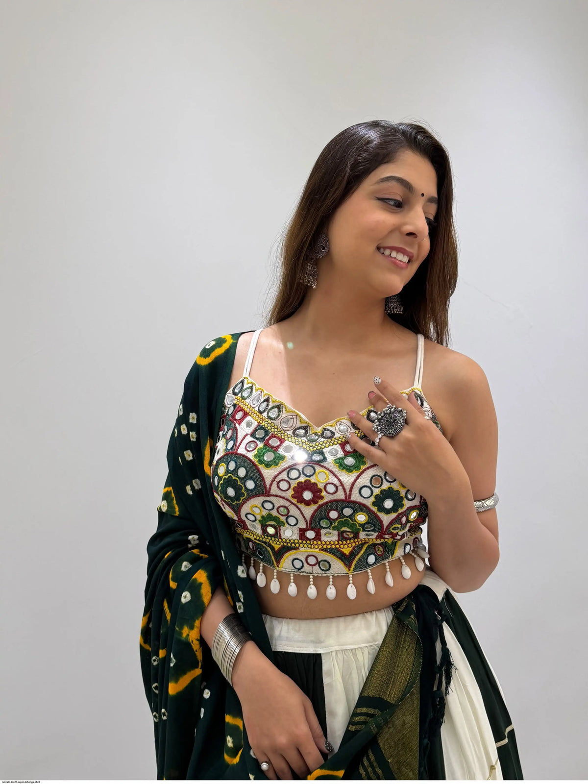 Green Rayon Mirror Embroidered Navratri Chaniya Choli