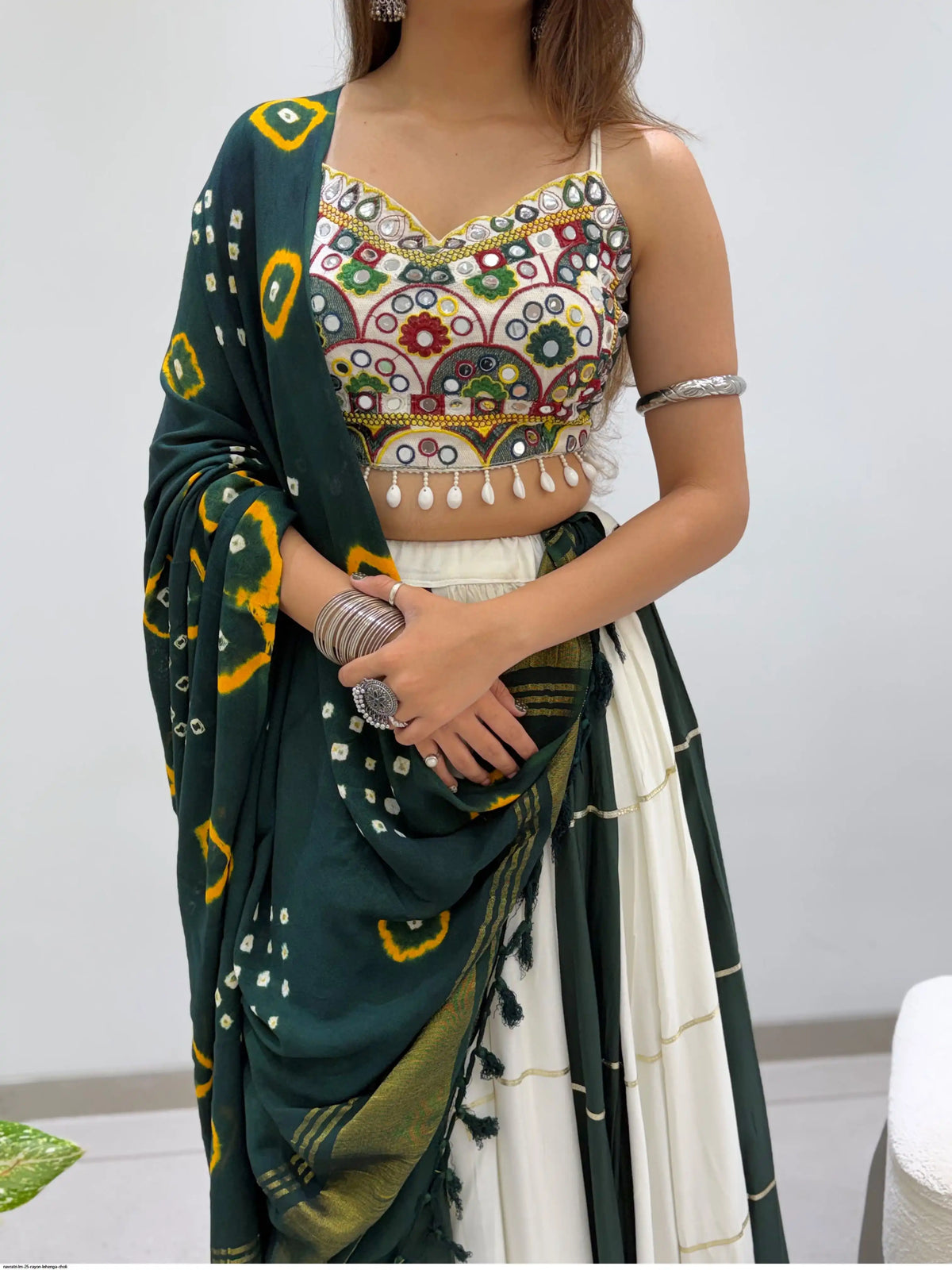 Green Rayon Mirror Embroidered Navratri Chaniya Choli