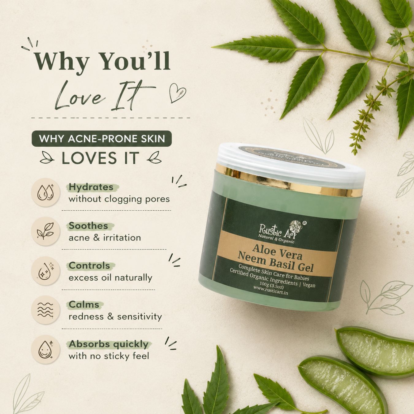 Neem Basil Aloe Vera Gel 100 gm| Soothes Acne, Rashes & Irritation