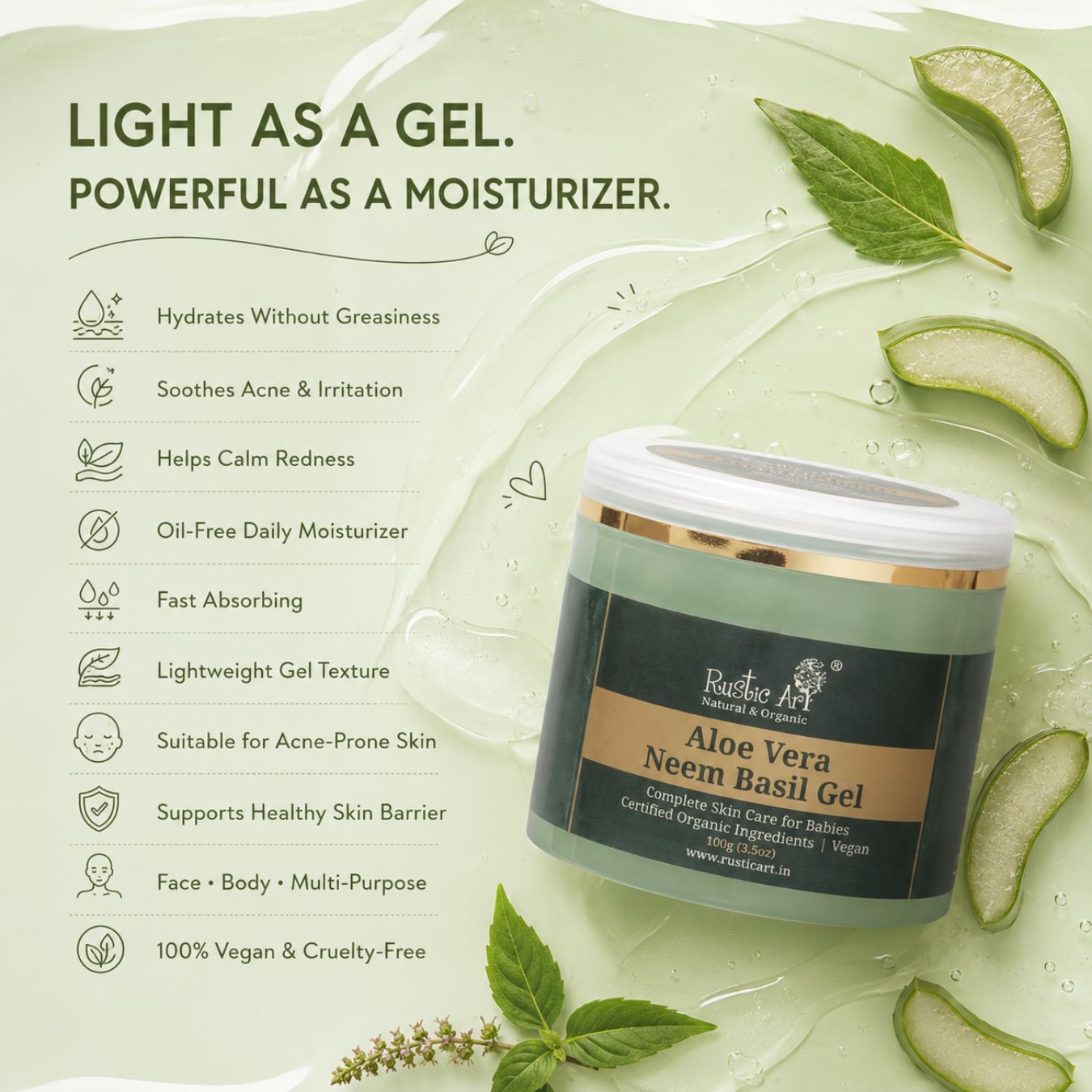 Neem Basil Aloe Vera Gel 100 gm| Soothes Acne, Rashes & Irritation