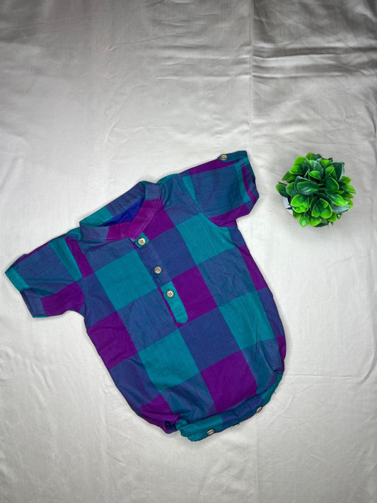 Kattam - Angel Whisper- Onesie Rompers with velcro veshti in teal with pink chettinad checks cotton