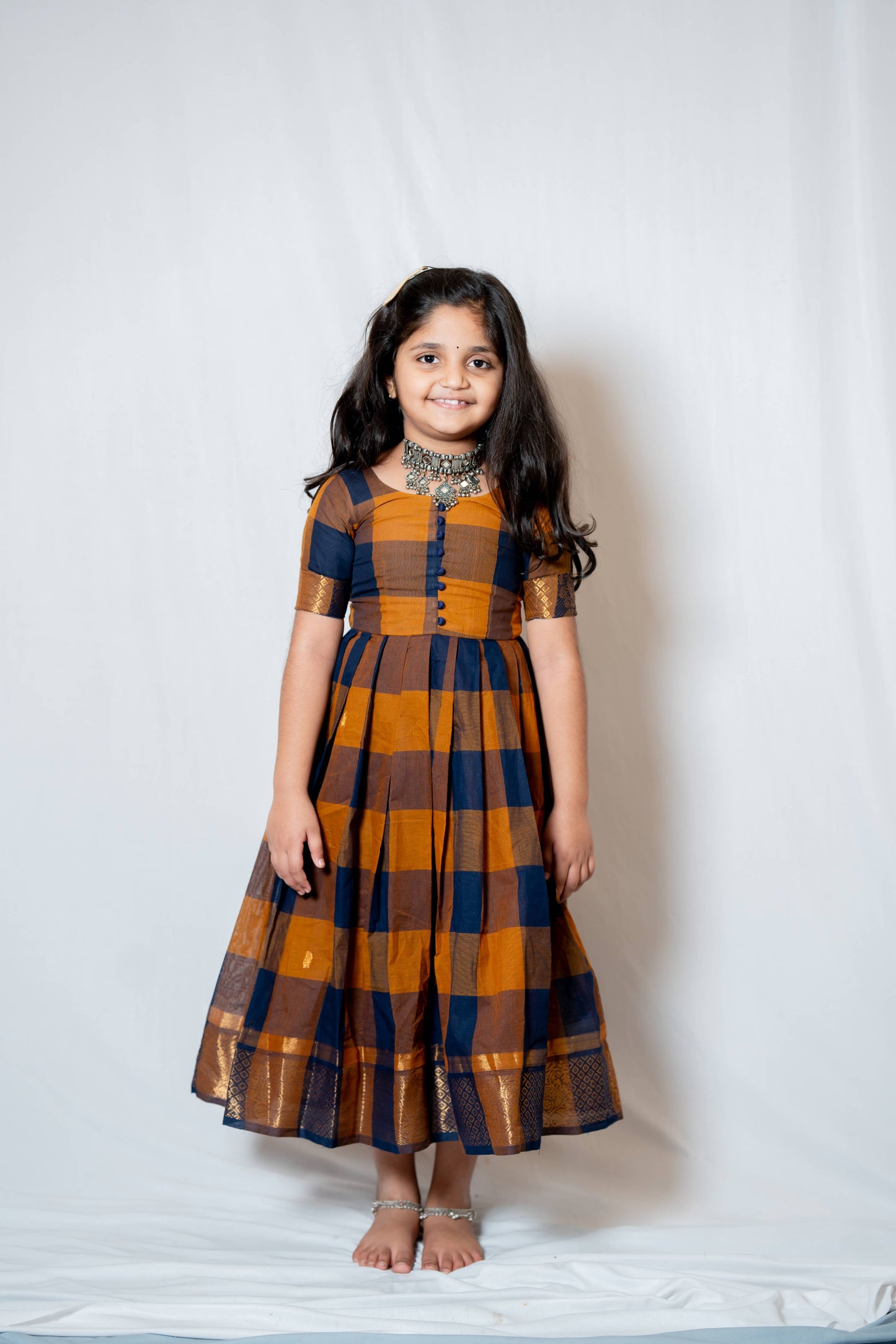 Kattam - Anarkali dress in chettinad cotton in Brown and mustard checks