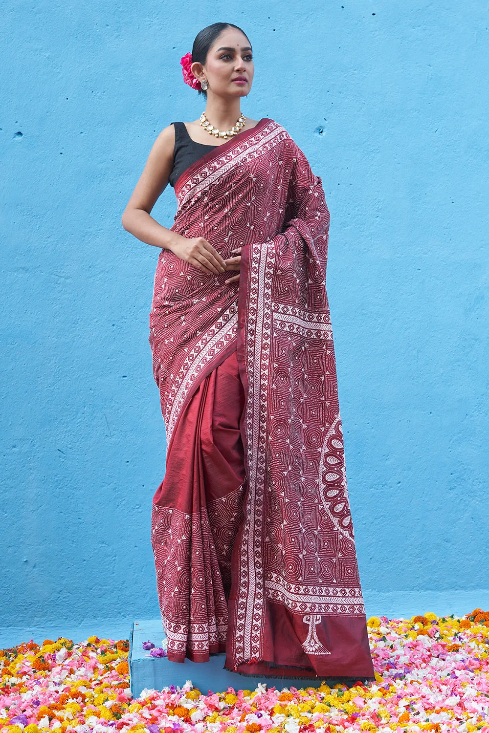 Handloom Burgundy Red Pure Silk Kantha Saree