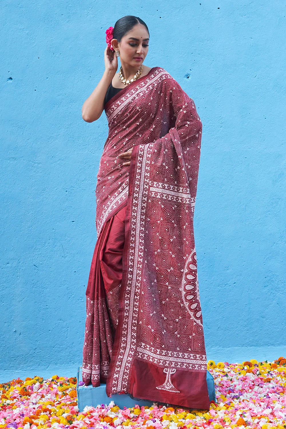 Handloom Burgundy Red Pure Silk Kantha Saree