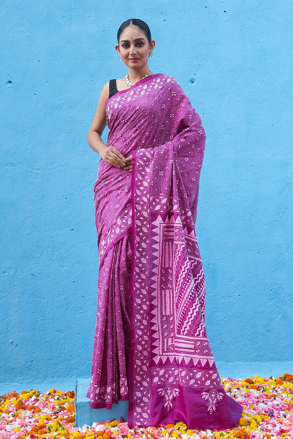Handloom Mulberry Pink Pure Silk Kantha Saree